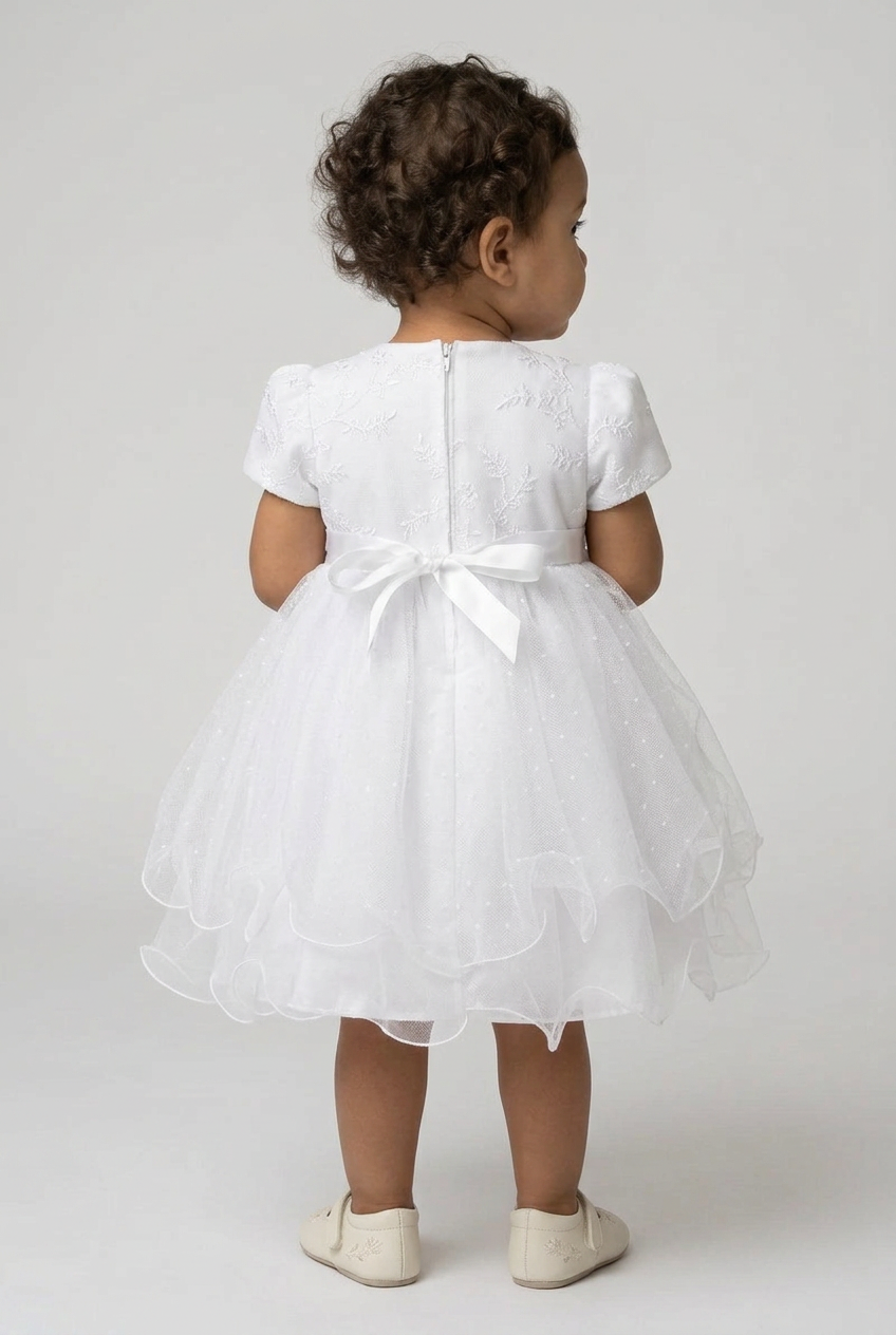 Baby Girls Balloon Sleeve Tulle Dress – B1038 - White