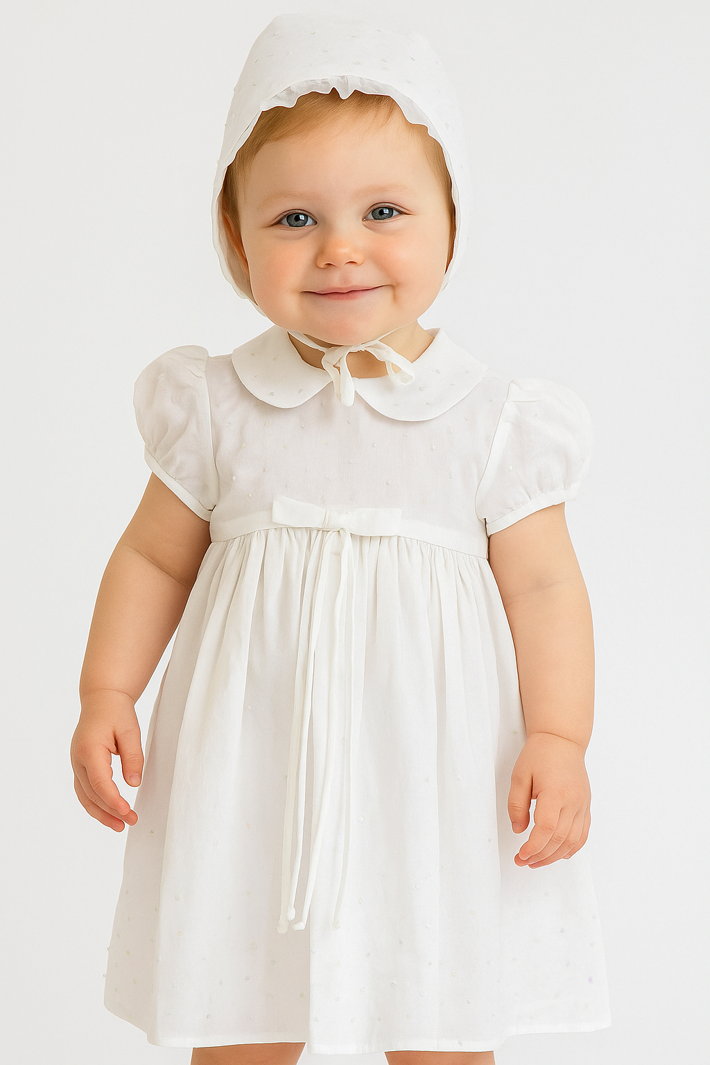 Baby Girls Christening 2 Piece Smocked Dress Gown - White Modle Picture