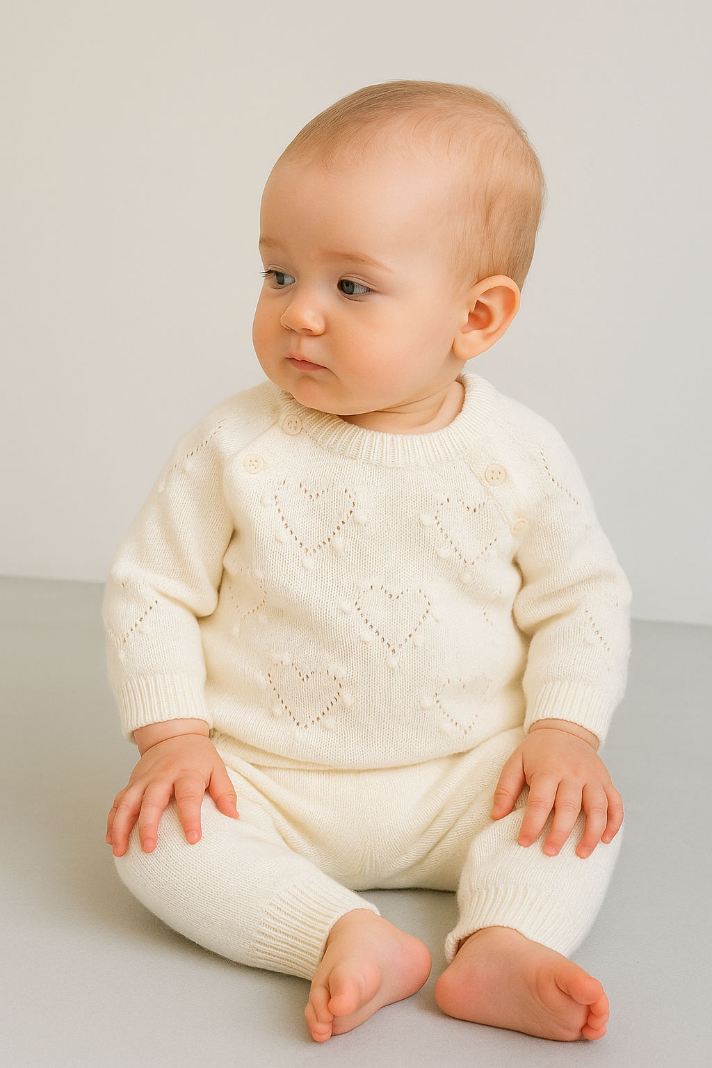 Baby Girls Heart Print Knitted Jumper & Leggings Set - 2407 - Ivory Model Picture