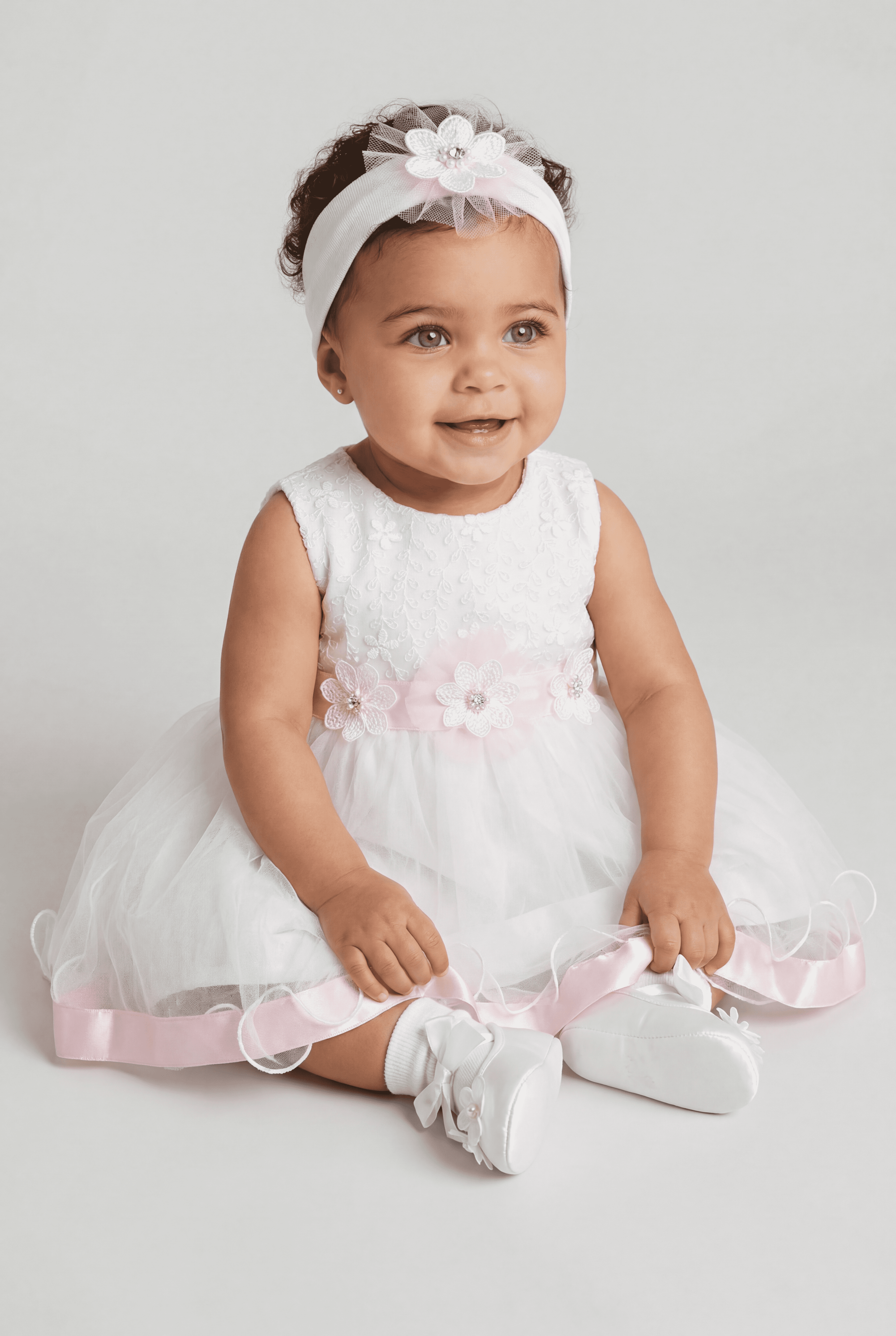 Baby Girls White Tulle Party Dress with Pink Sash & Headband