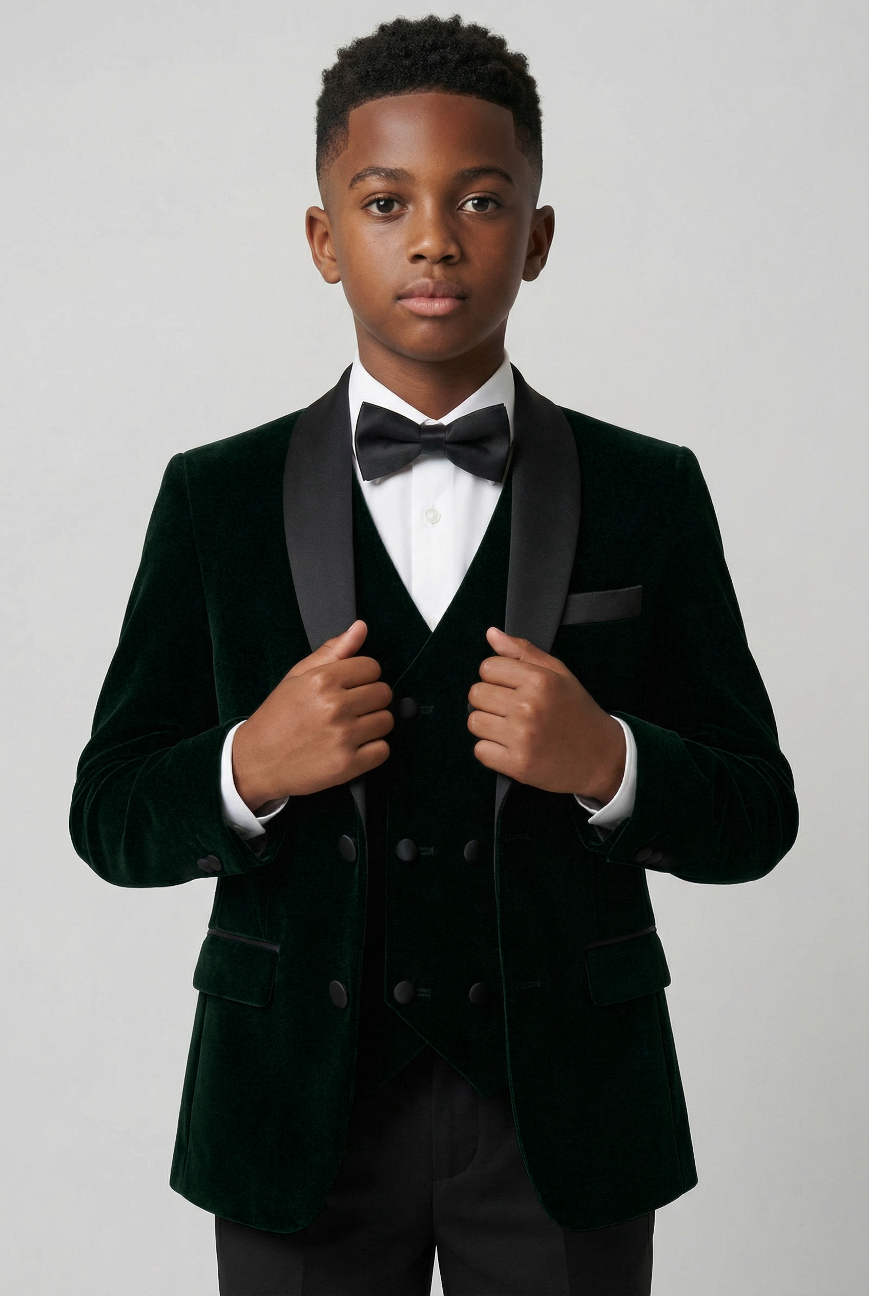 Boys Velvet Tuxedo Suit with Double-breasted Vest - Green