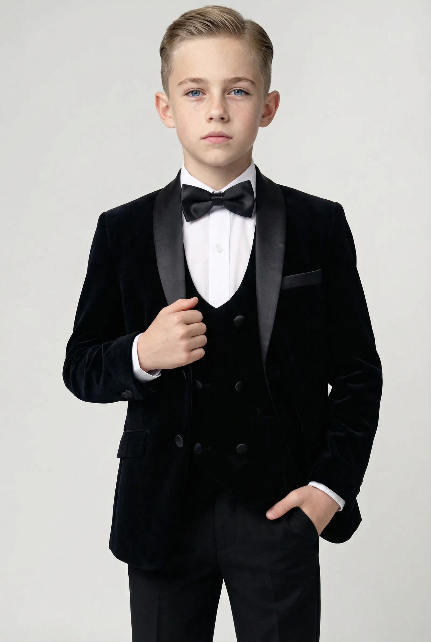 Boys Velvet Tuxedo Suit with Double-breasted Vest - Black