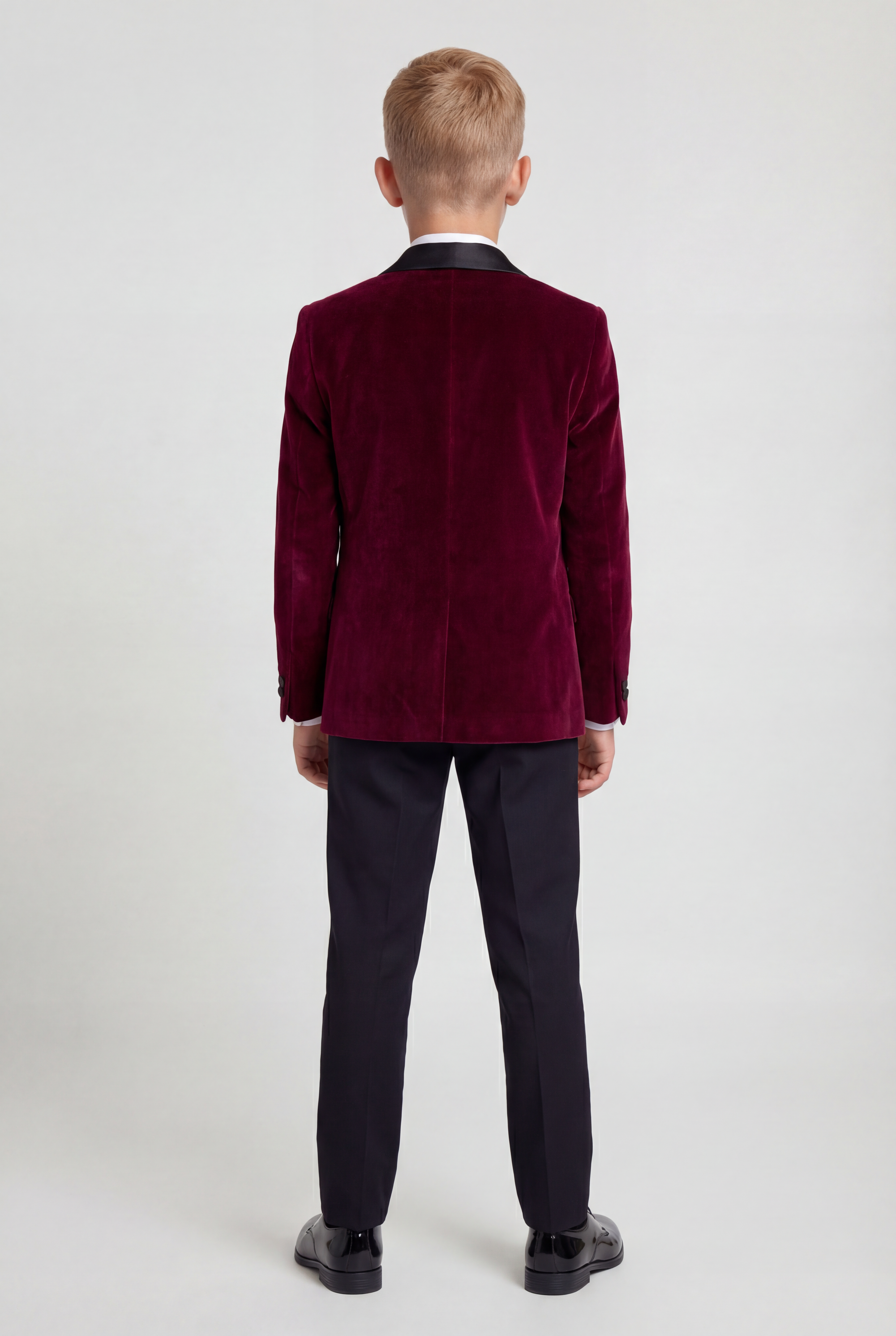 Boys Velvet Tuxedo Suit with Double-breasted Vest - Burgundy