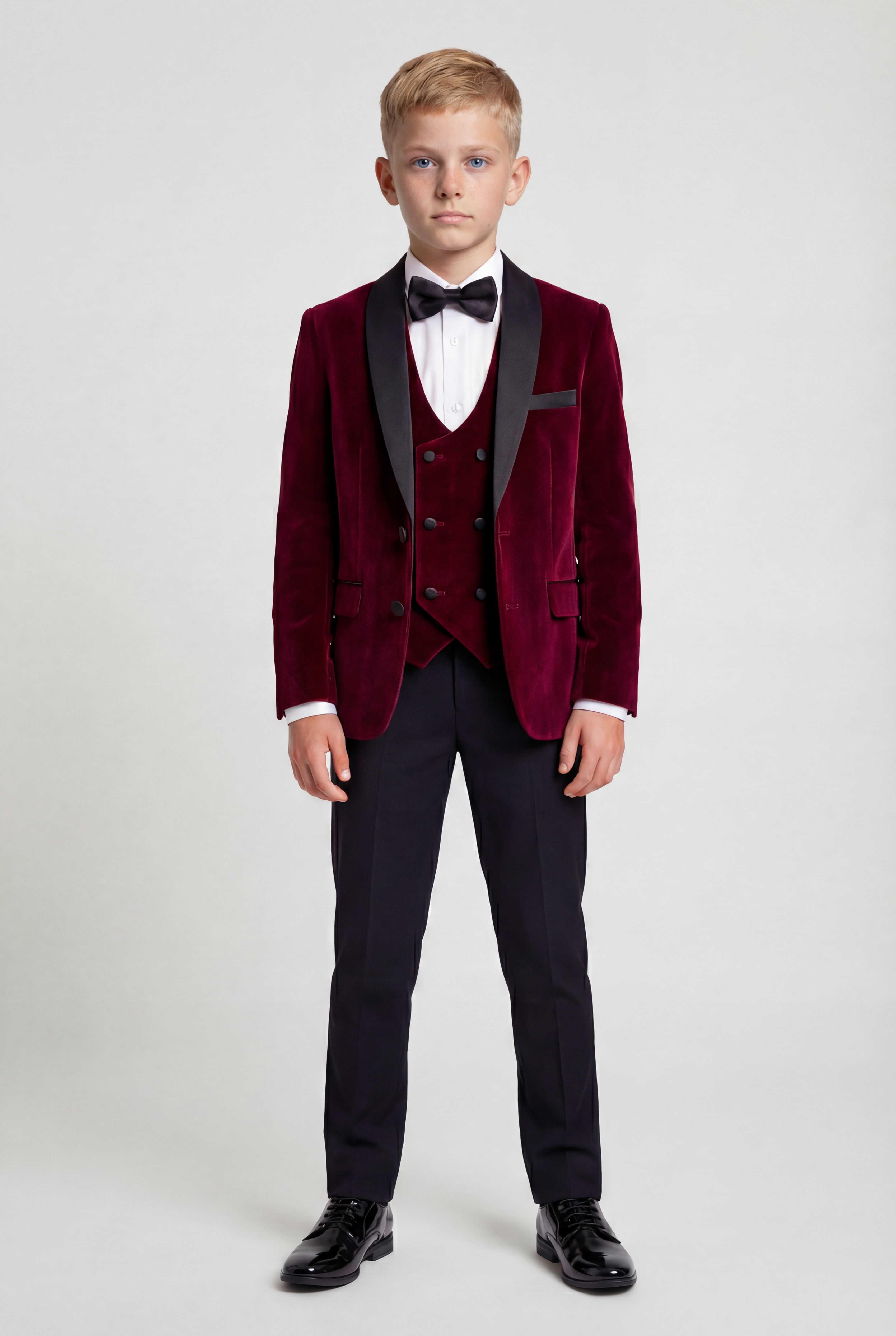 Boys Velvet Tuxedo Suit with Double-breasted Vest - Burgundy