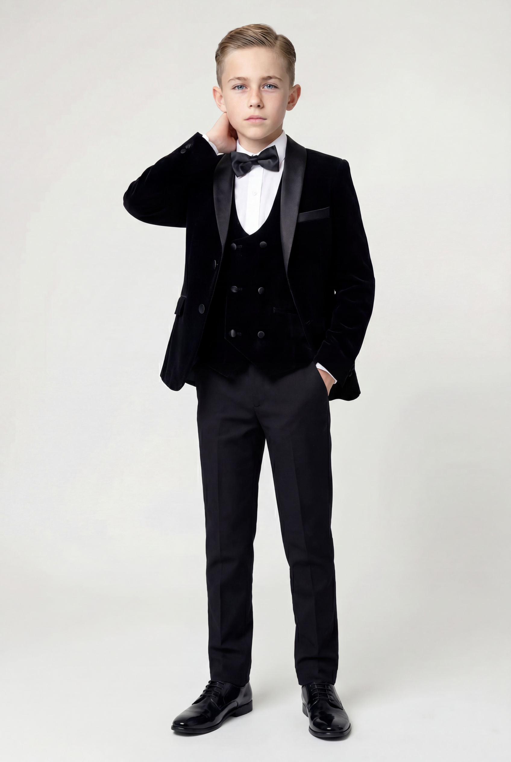 Boys Velvet Tuxedo Suit with Double-breasted Vest - Black