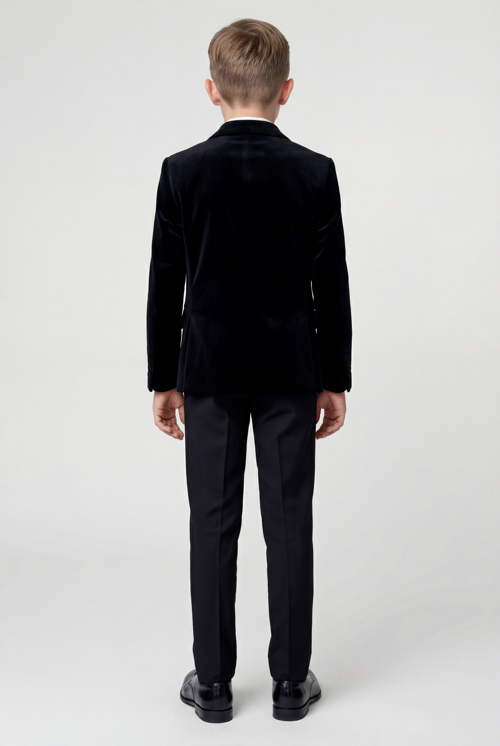 Boys Velvet Tuxedo Suit with Double-breasted Vest - Black