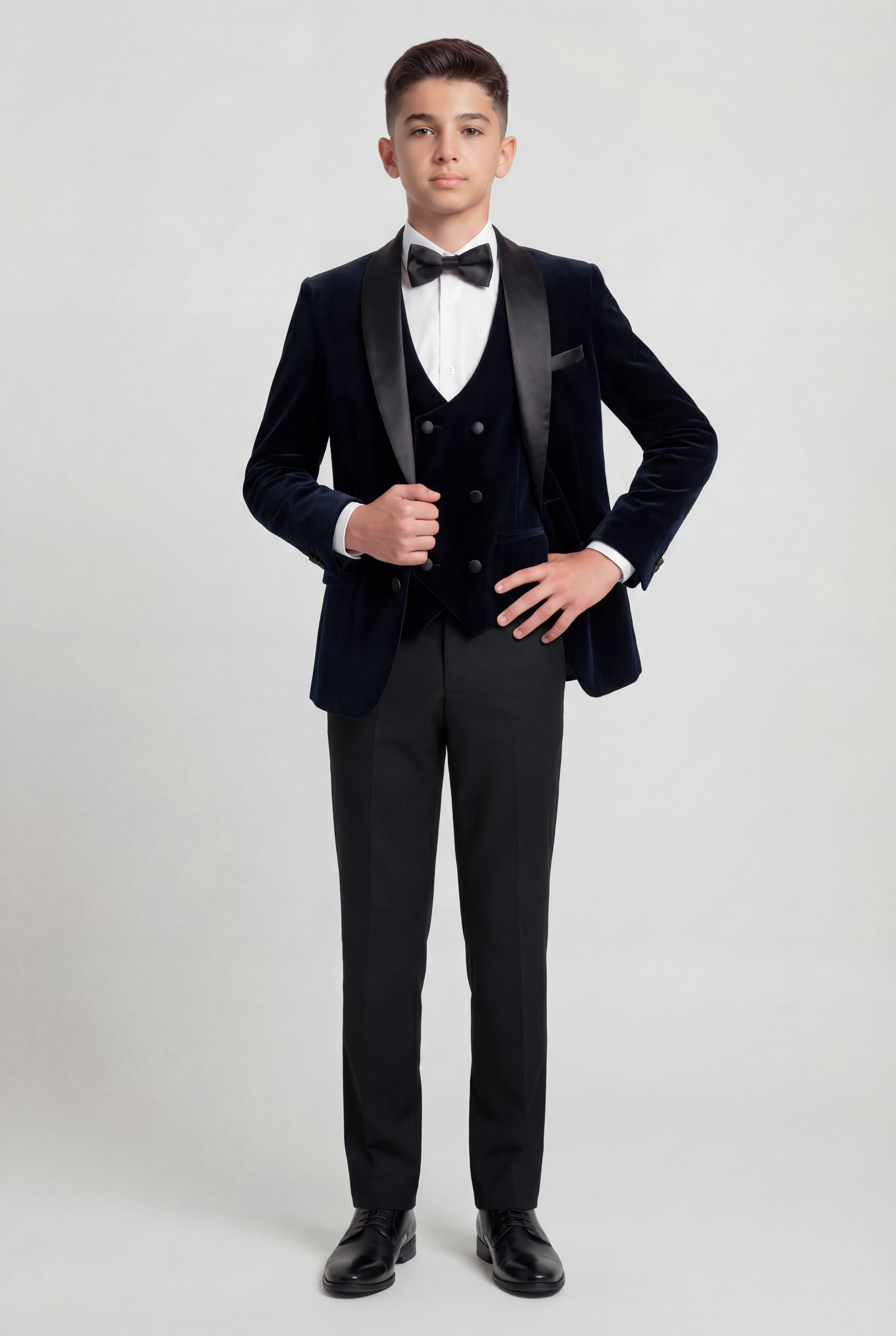Boys Velvet Tuxedo Suit with Double-breasted Vest - Navy Blue