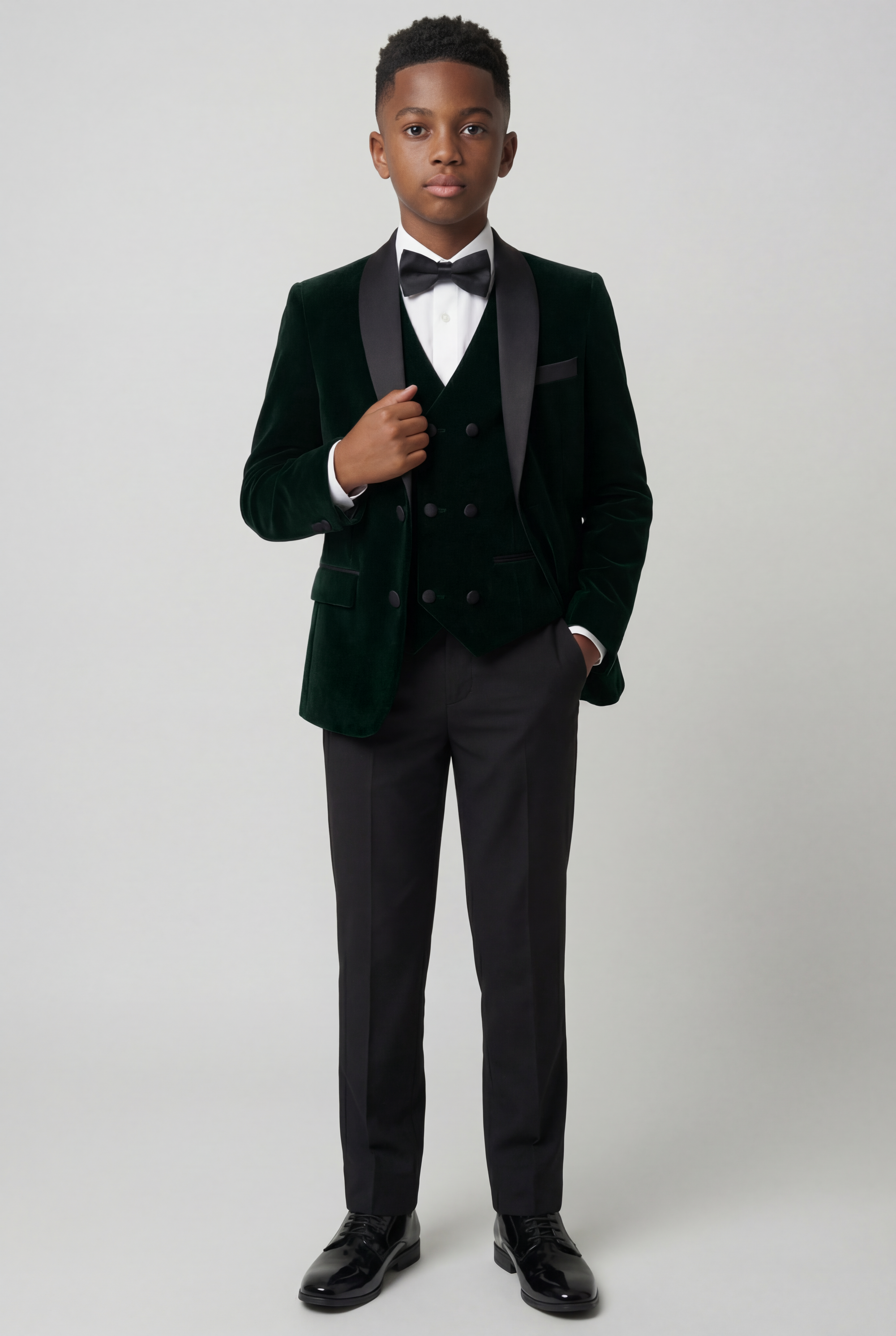 Boys Velvet Tuxedo Suit with Double-breasted Vest - Green