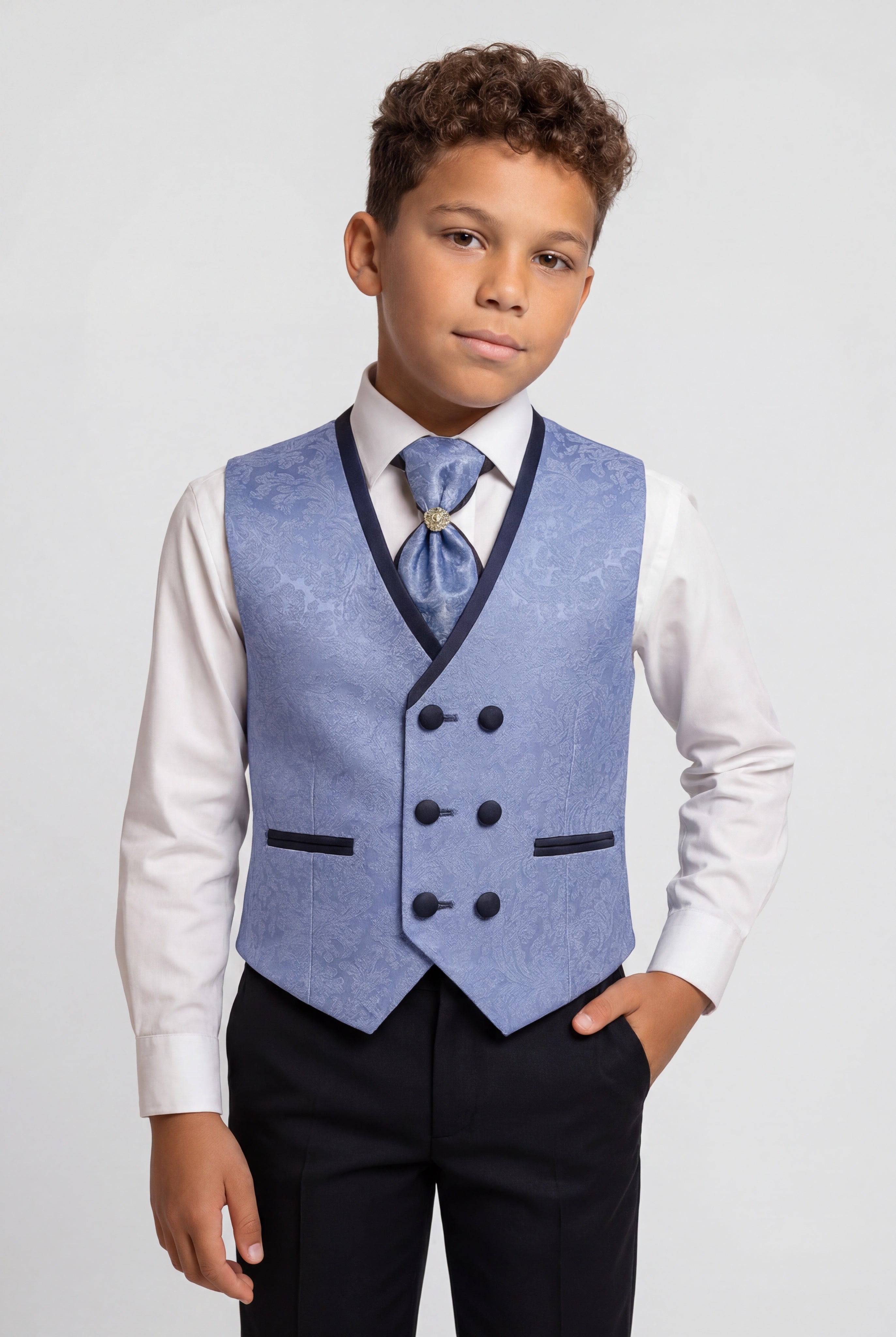 Boys 2-Piece Paisley Jacquard Waistcoat Cravat Set - Blue