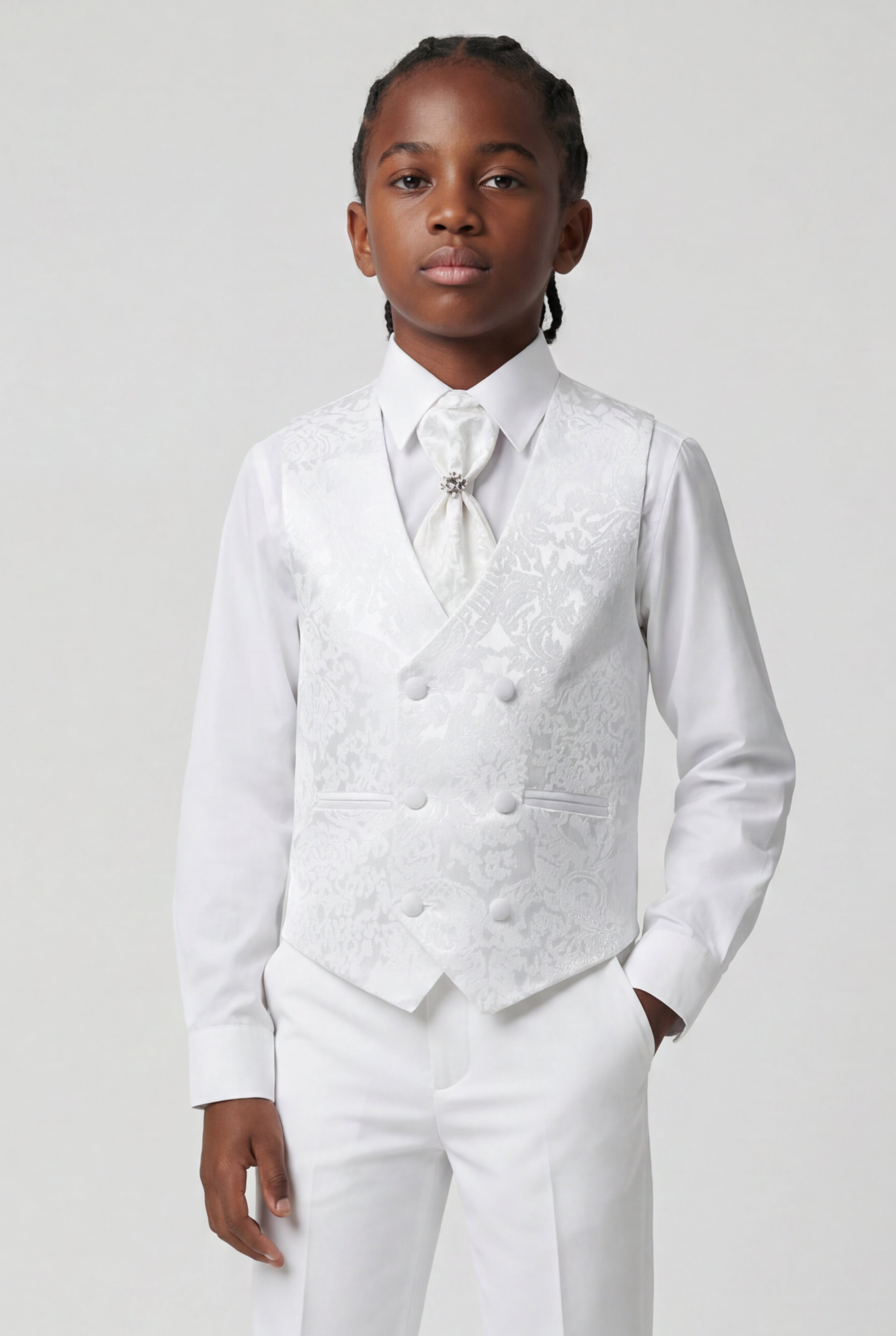 Boys 2-Piece Paisley Jacquard Waistcoat Cravat Set - Damask White Model Picture