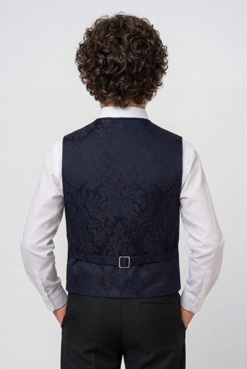 Boys 2-Piece Paisley Jacquard Waistcoat Cravat Set - Navy Blue