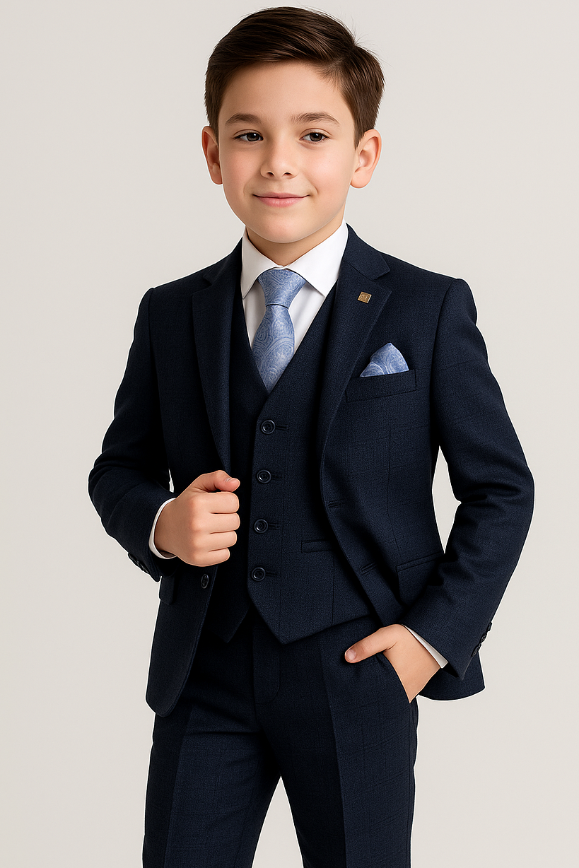 Father & Son Matching Glen Check Tweed 3-Piece Suit Set - Regent - Navy