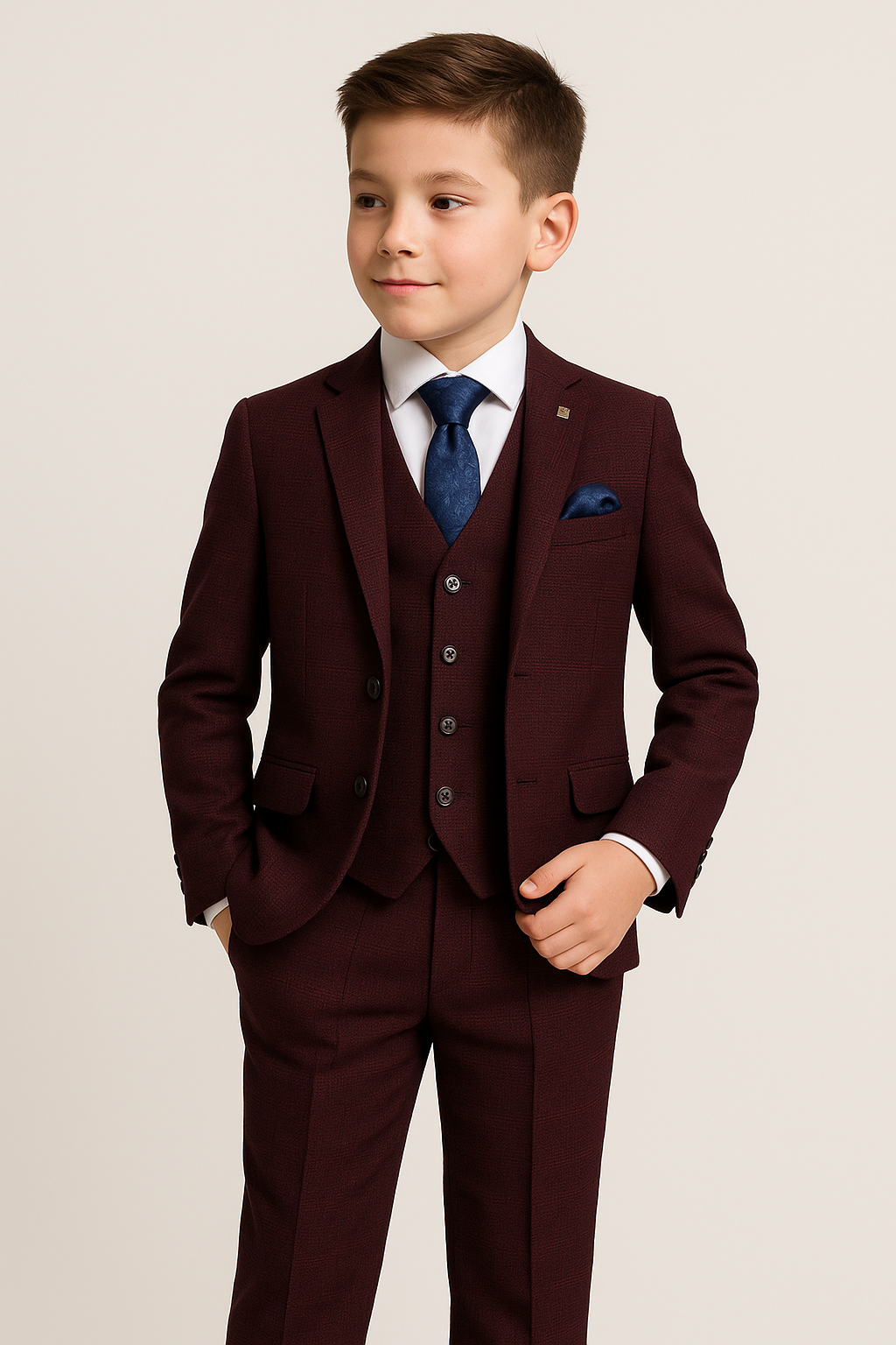 Father & Son Matching Glen Check Tweed 3-Piece Suit Set - Regent - Wine Red