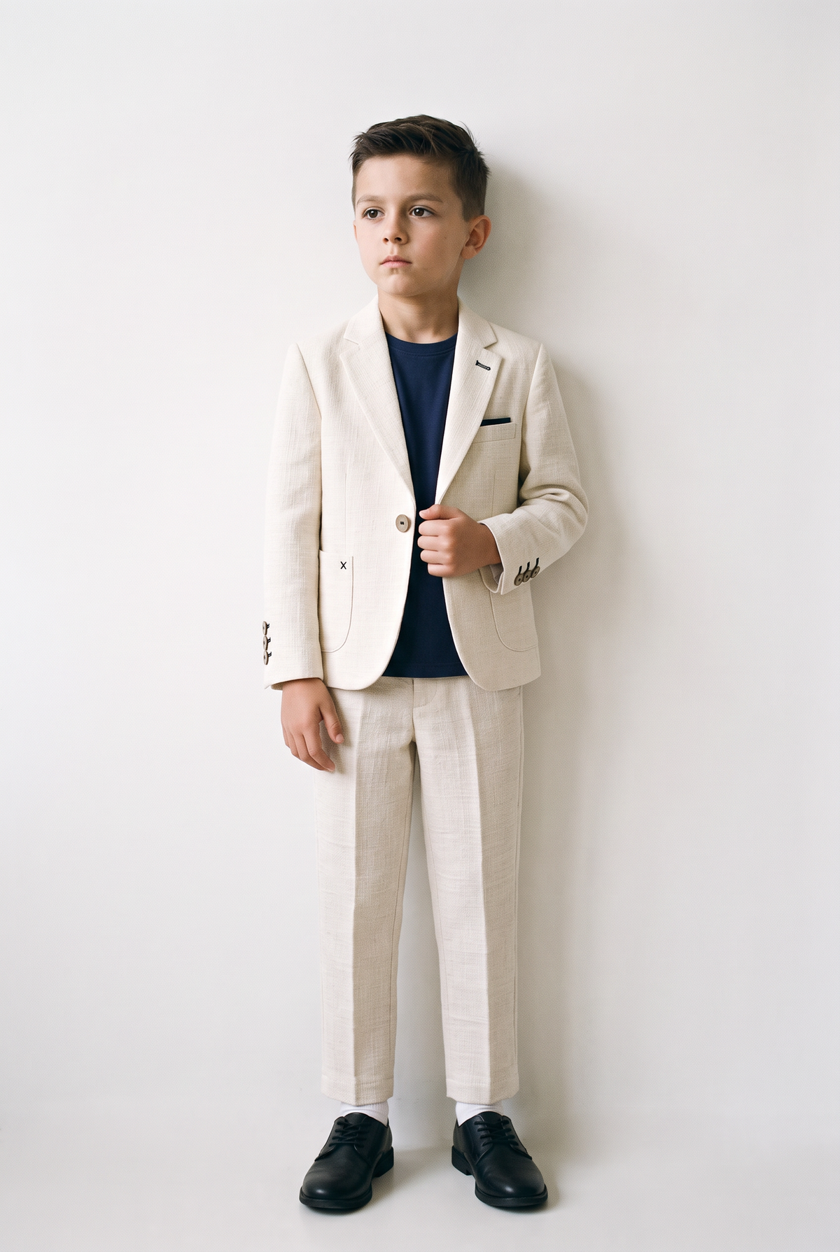 Boys 3-Piece Linen Casual Suit with T-Shirt - Keten - Cream Model Front Picture