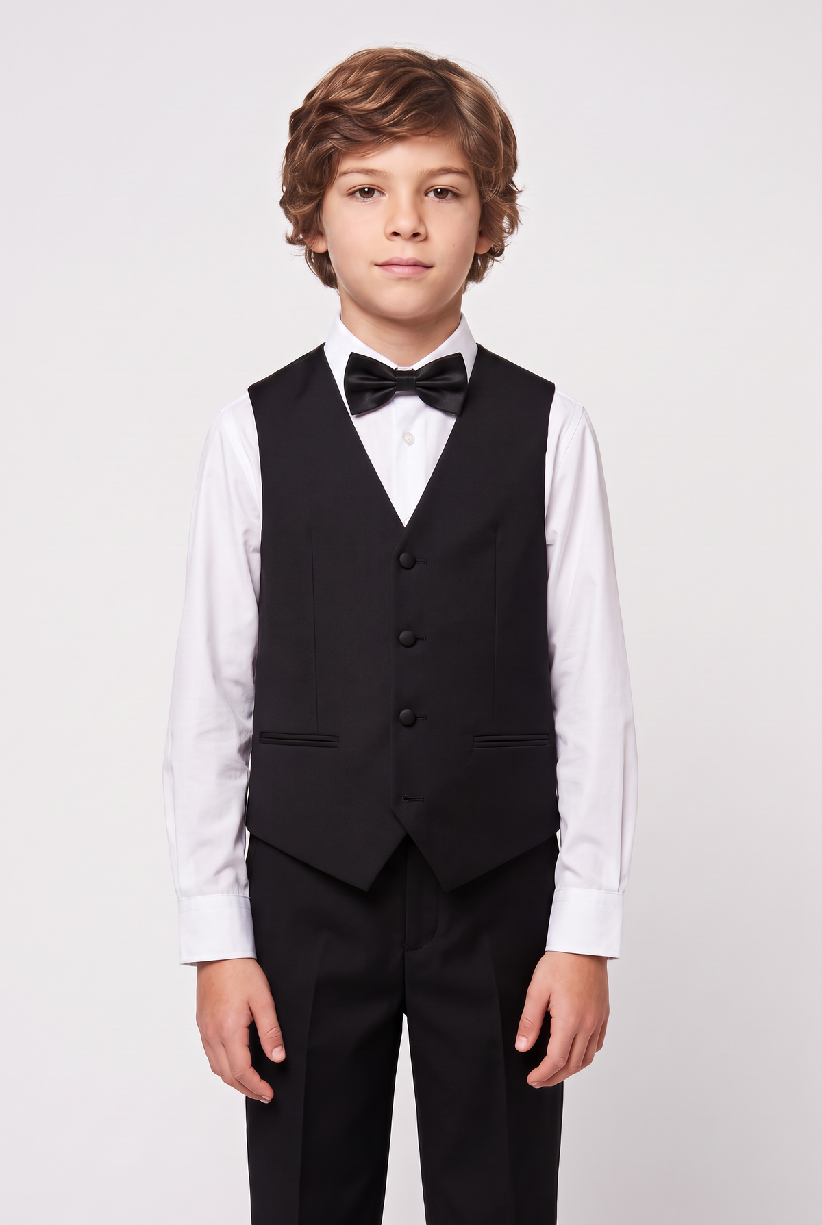 Boys 3-Piece Tuxedo Suit with Satin Notch Lapel - Romano Black Model Waistcoat Picture