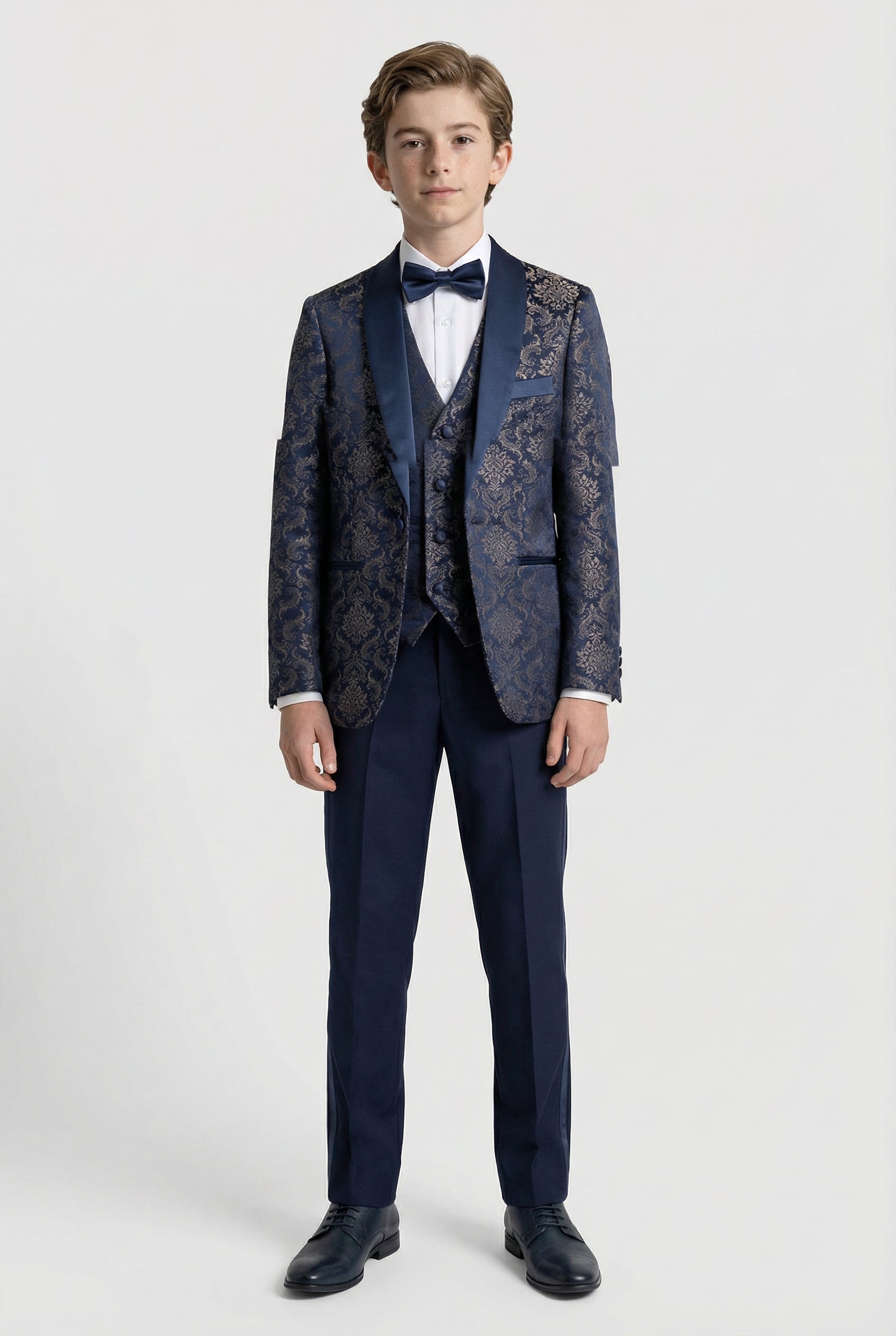 Boys 3-Piece Velvet Damask Tuxedo Suit - Marc Navy Front Picture