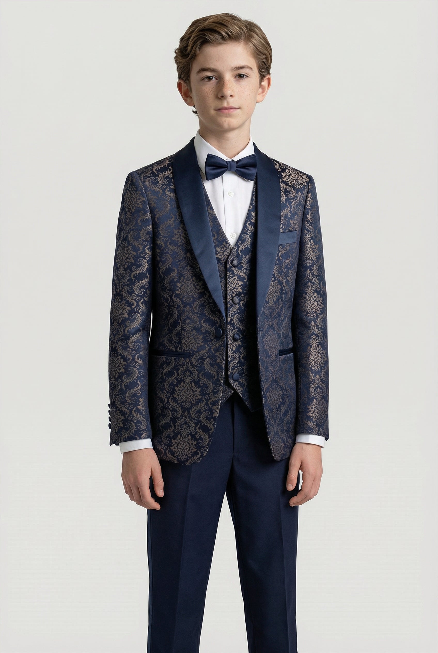 Boys 3-Piece Velvet Damask Tuxedo Suit - Marc Navy Model Picture