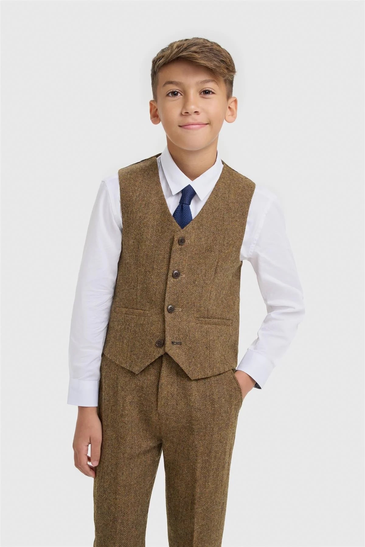 Boys 3-Piece Wool Herringbone Tweed Suit - Thomas - Brown