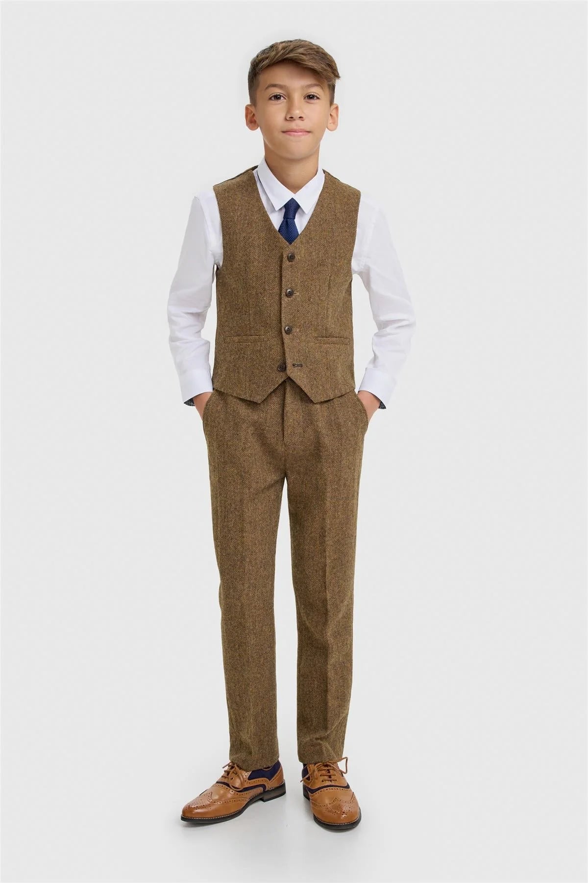 Boys 3-Piece Wool Herringbone Tweed Suit - Thomas - Brown
