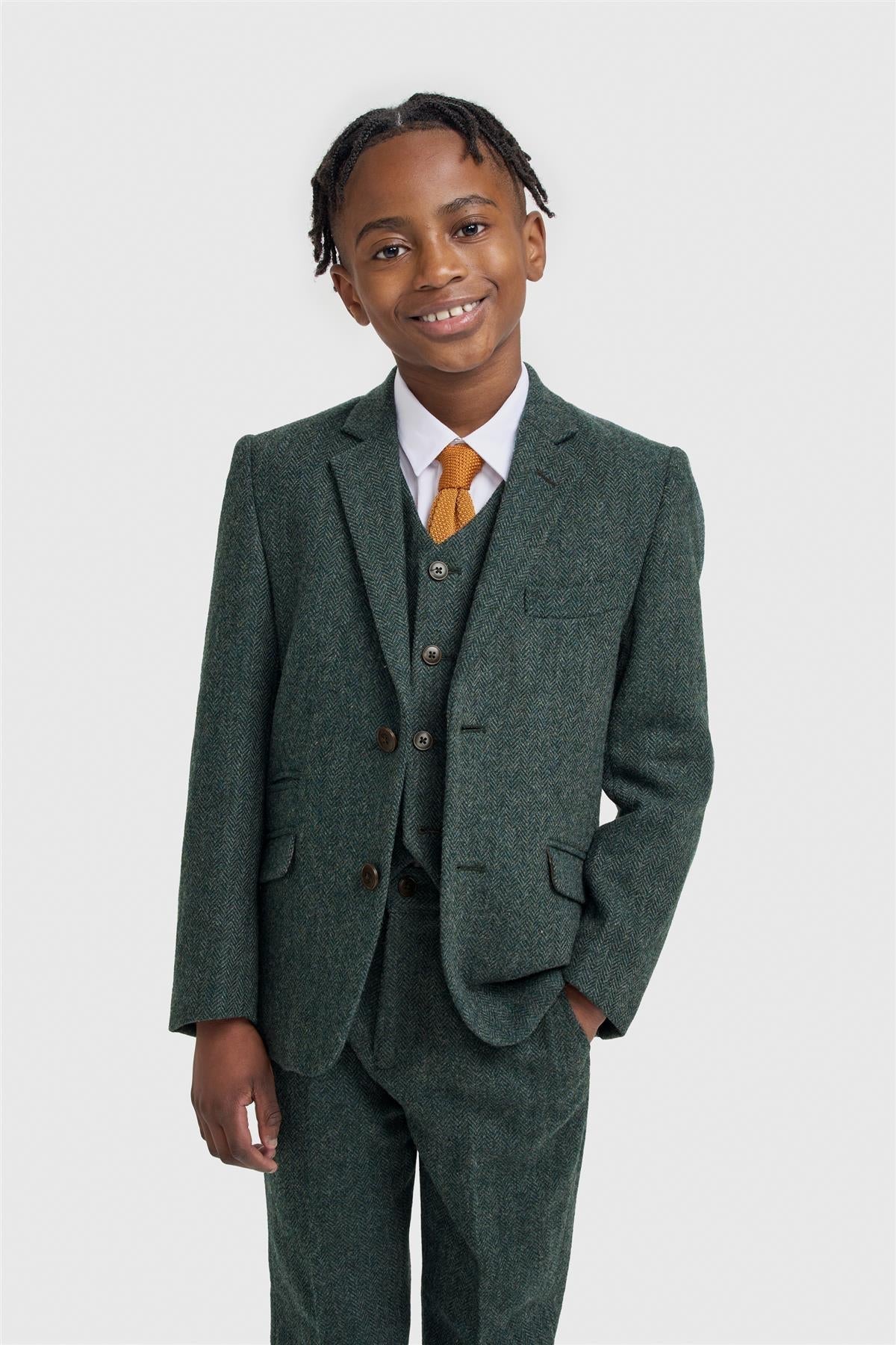 Boys 3-Piece Wool Herringbone Tweed Suit - Thomas - Lush Green
