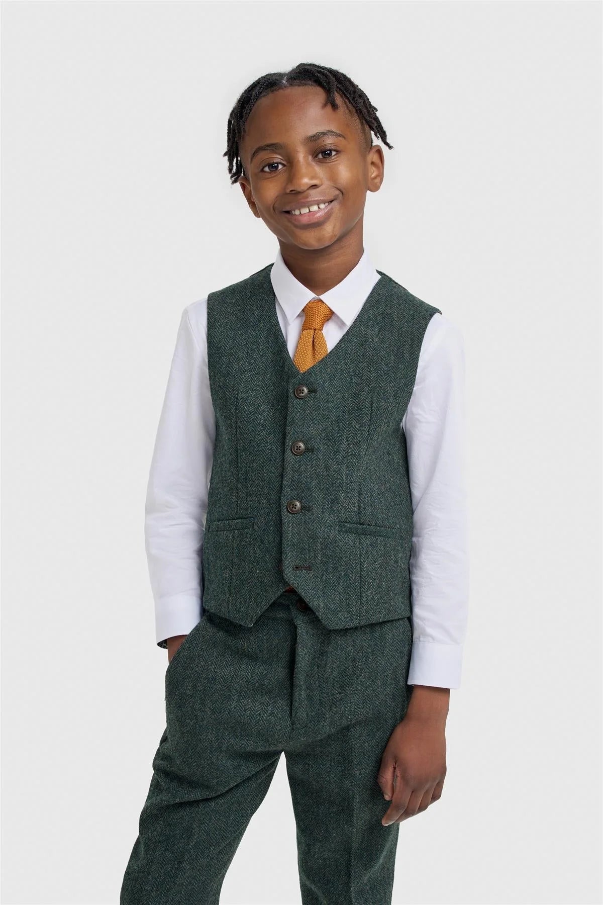 Boys 3-Piece Wool Herringbone Tweed Suit - Thomas - Lush Green