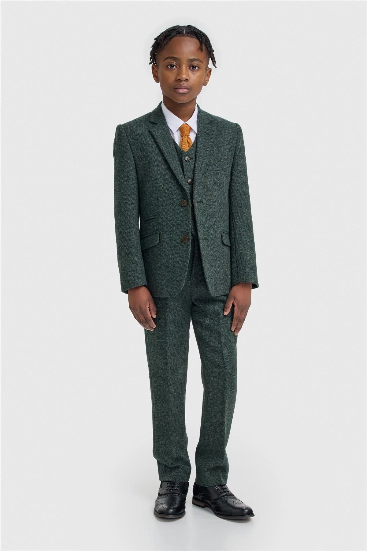 Boys 3-Piece Wool Herringbone Tweed Suit - Thomas - Lush Green