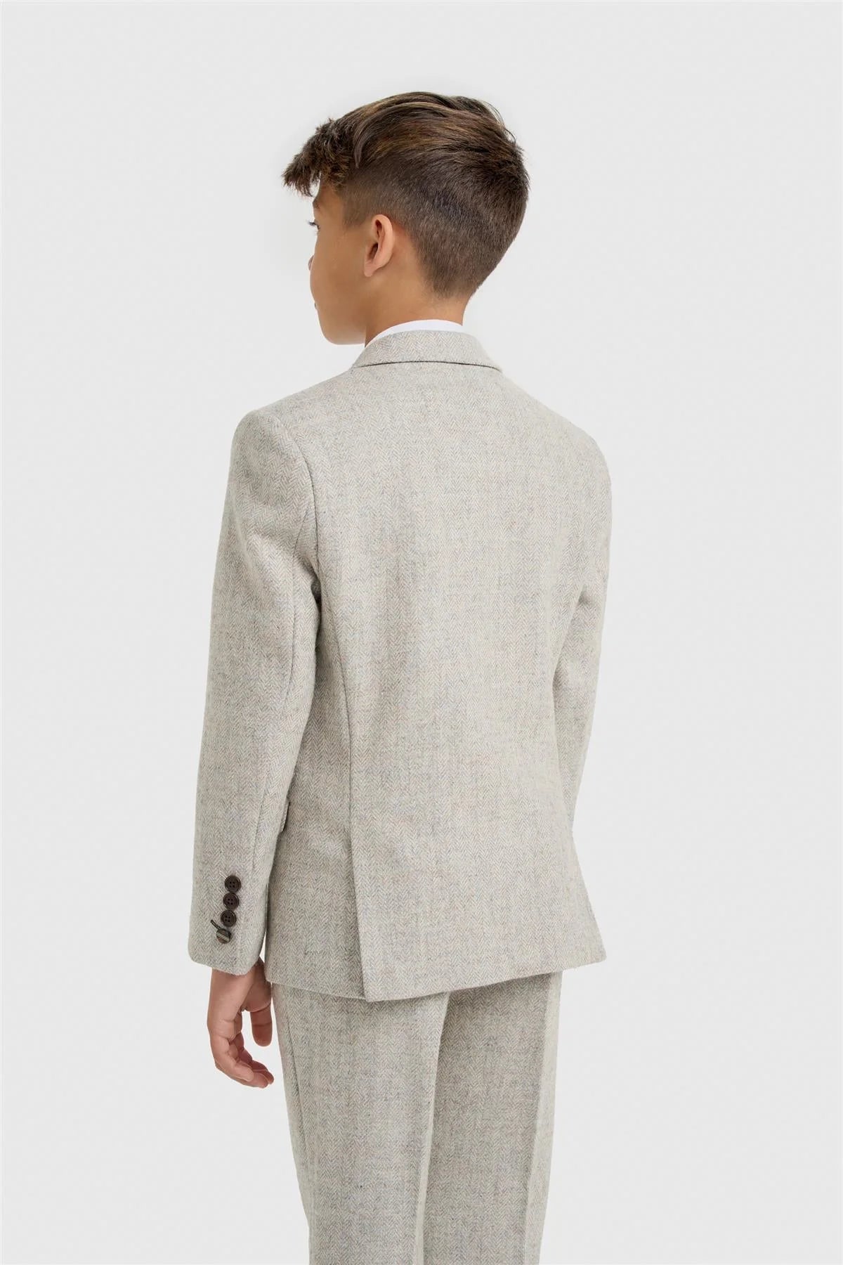 Boys 3-Piece Wool Herringbone Tweed Suit - Thomas - Pearl Grey