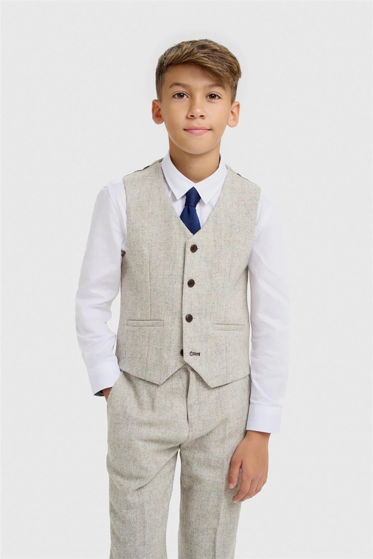 Boys 3-Piece Wool Herringbone Tweed Suit - Thomas - Pearl Grey