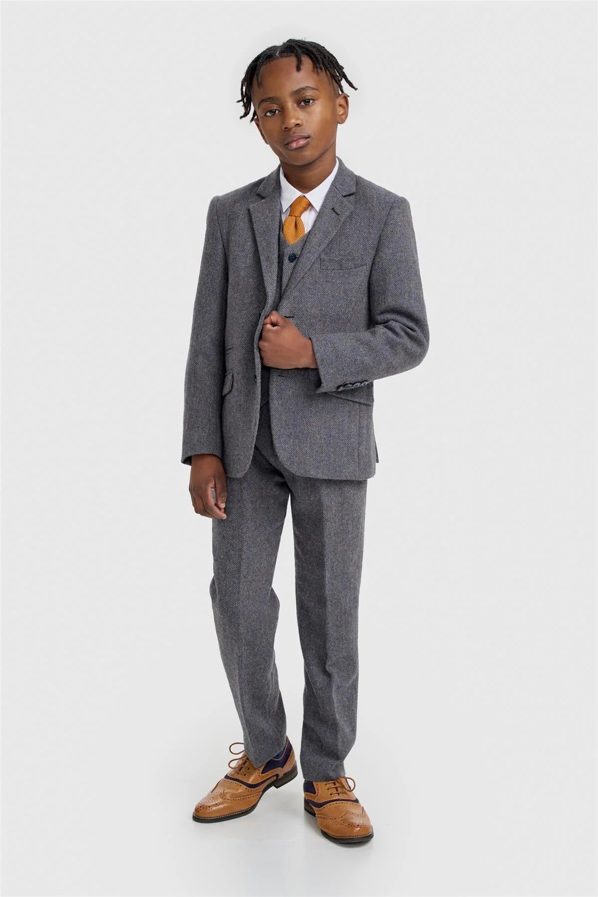 Boys 3-Piece Wool Herringbone Tweed Suit - Thomas - Savoy Grey