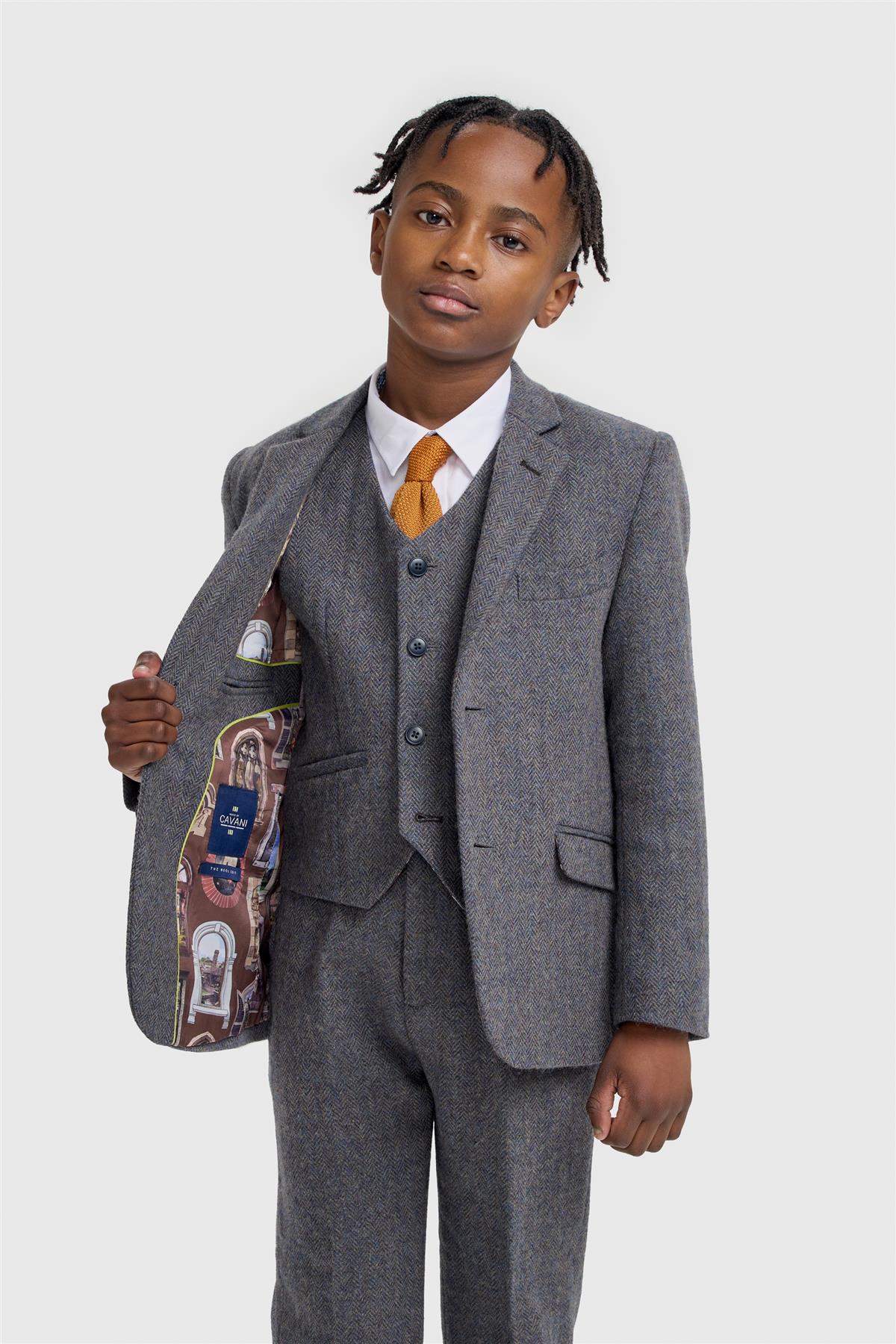Boys 3-Piece Wool Herringbone Tweed Suit - Thomas - Savoy Grey