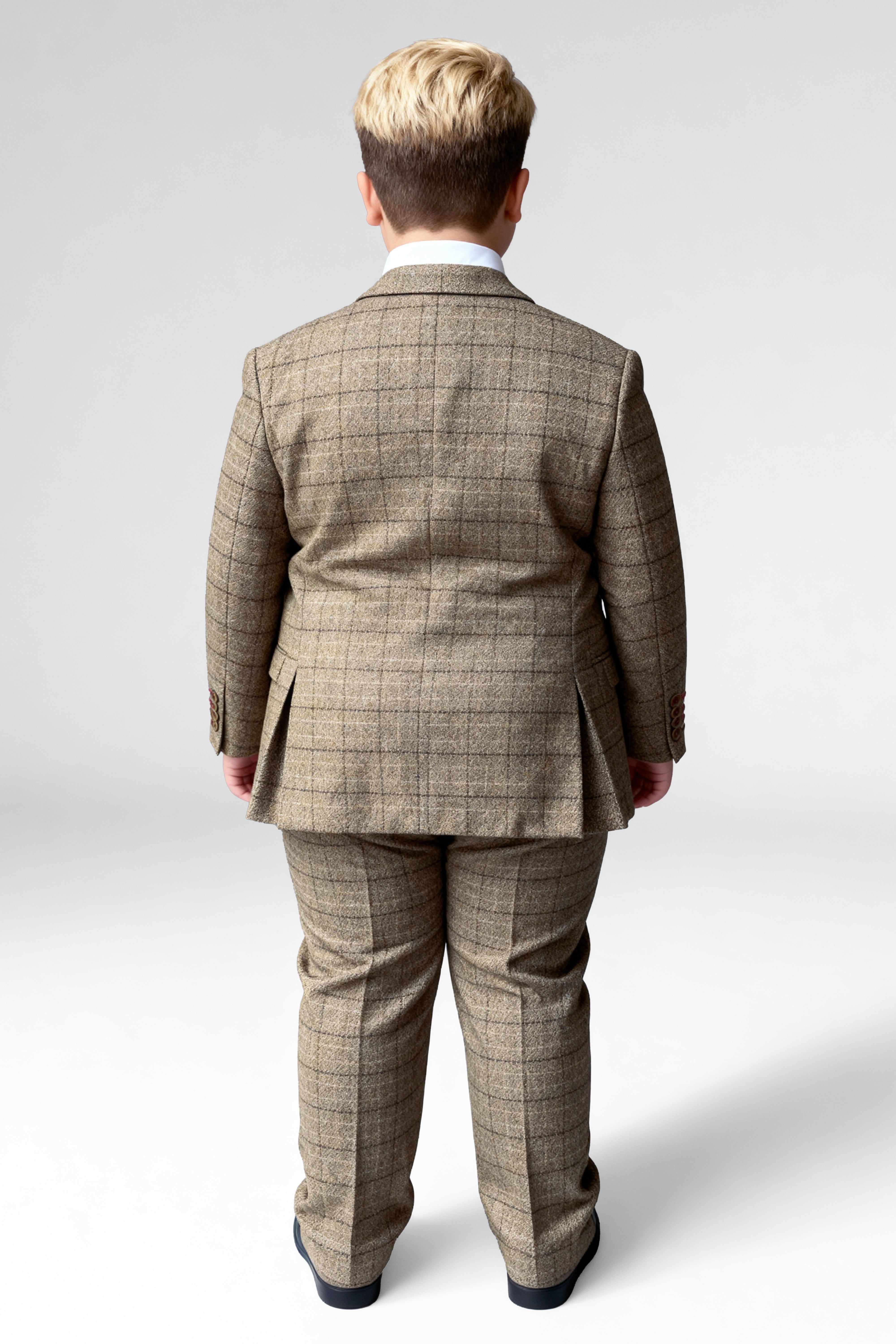 Boys 3-Piece Wool Tweed Windowpane Check Suit - Liam - Beige - Husky Size Model Back Picture