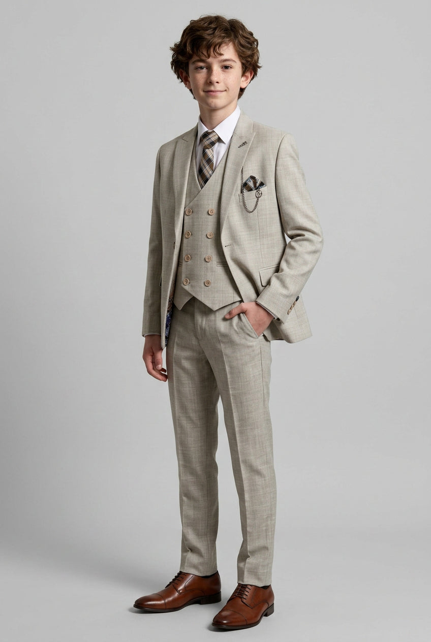 Boys 3 Piece Slim Fit Suit with Double Breasted Waistcoat - Alfred Beige