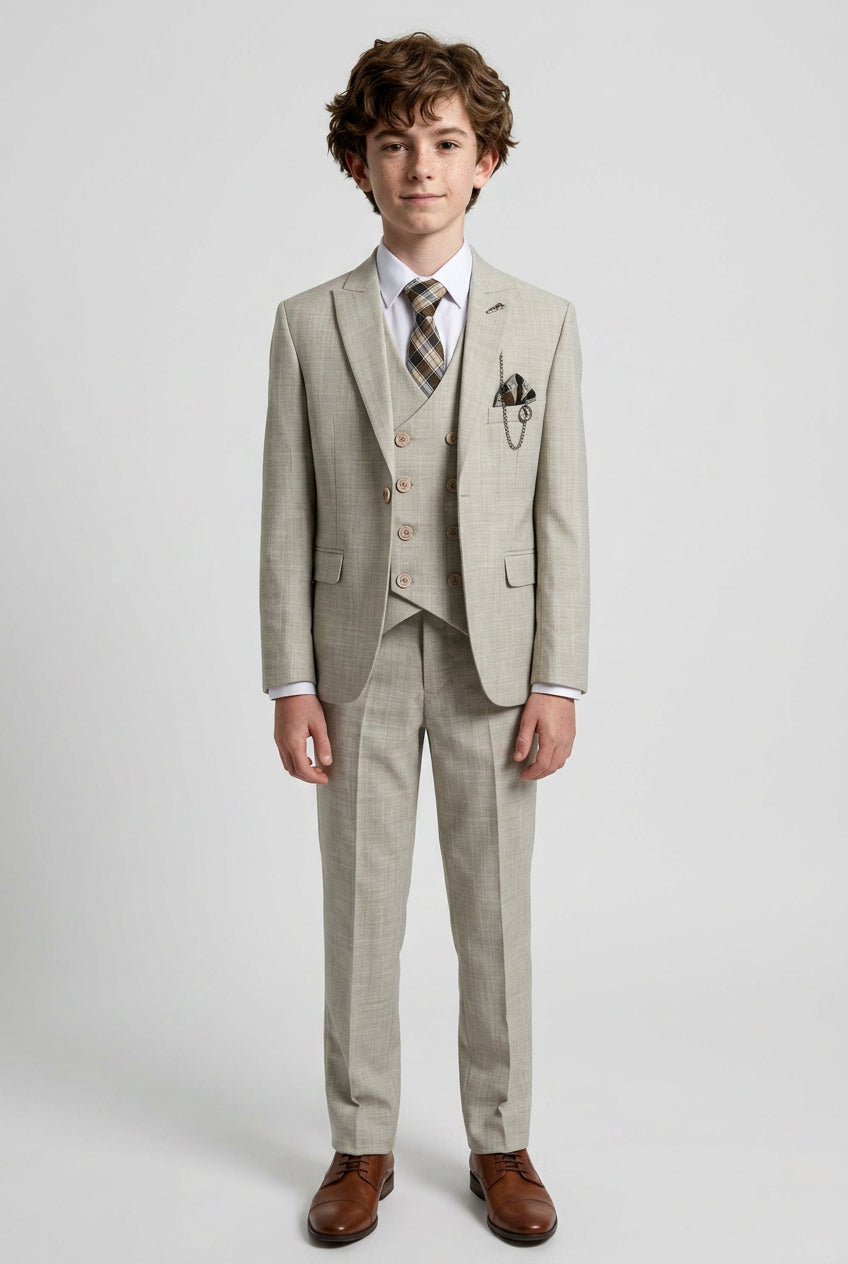 Boys 3 Piece Slim Fit Suit with Double Breasted Waistcoat - Alfred Beige