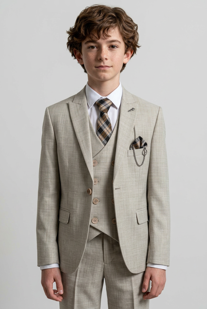 Boys 3 Piece Slim Fit Suit with Double Breasted Waistcoat - Alfred Beige