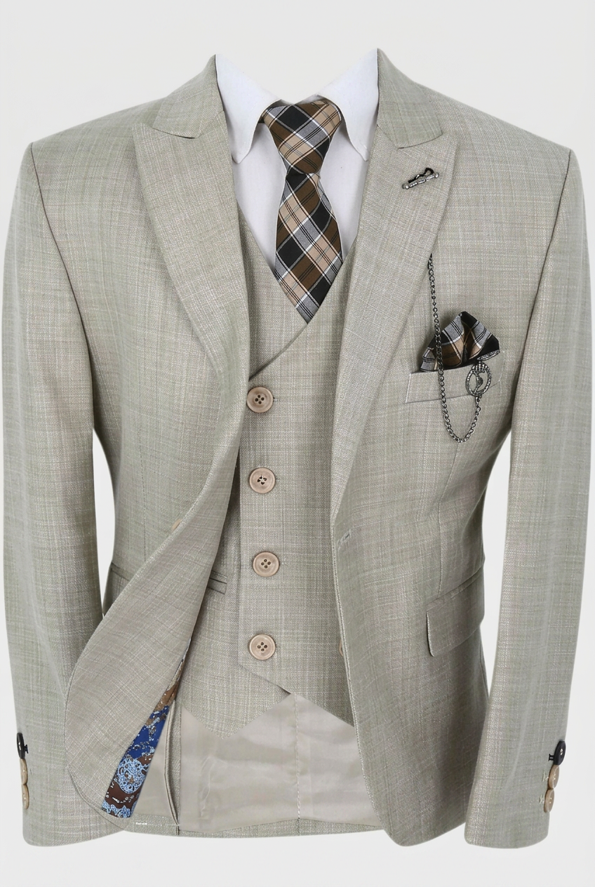 Boys 3 Piece Slim Fit Suit with Double Breasted Waistcoat - Alfred Beige
