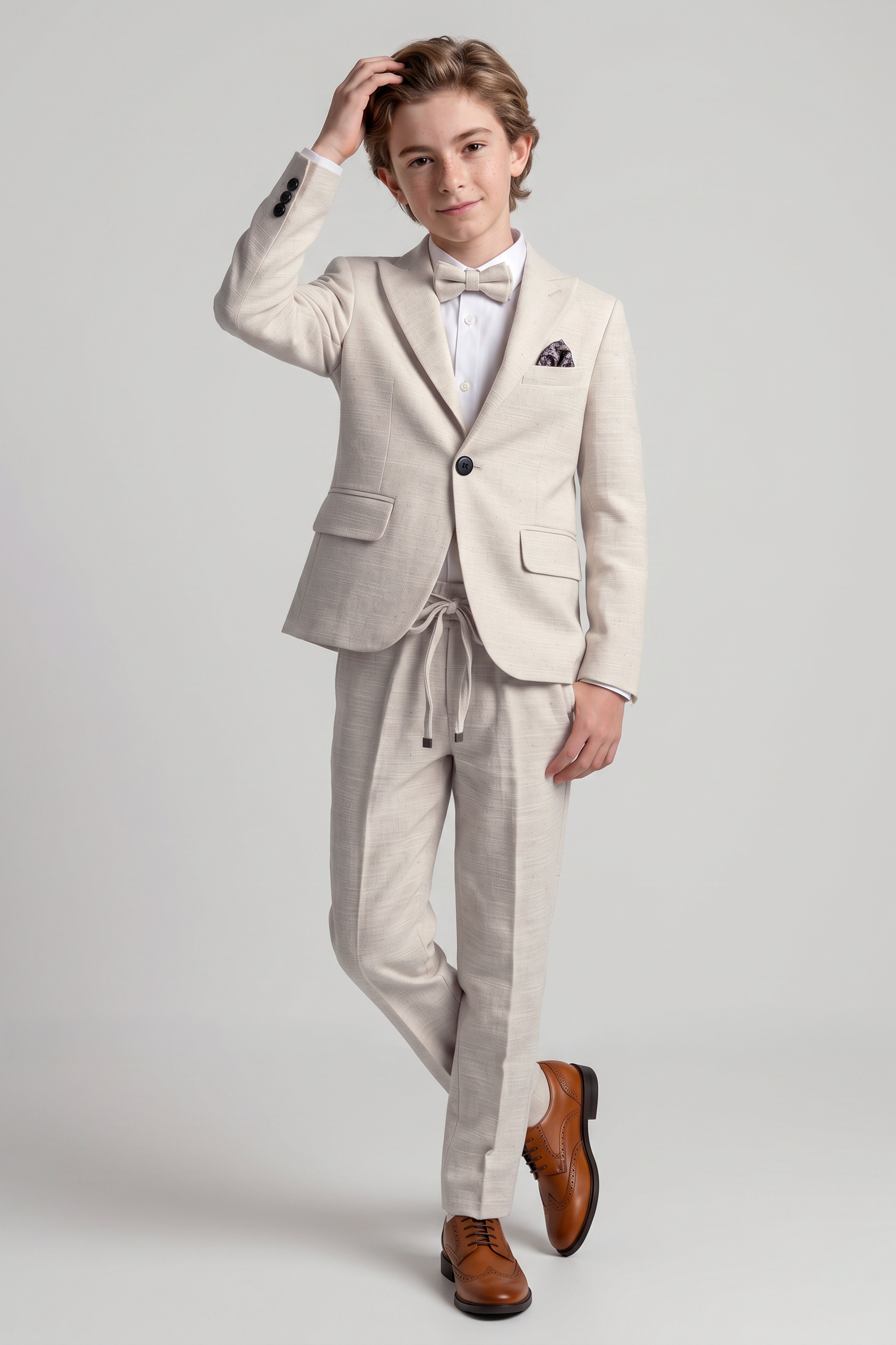 Boys 4-Piece Cotton Casual Suit - Beige odel Front Picture
