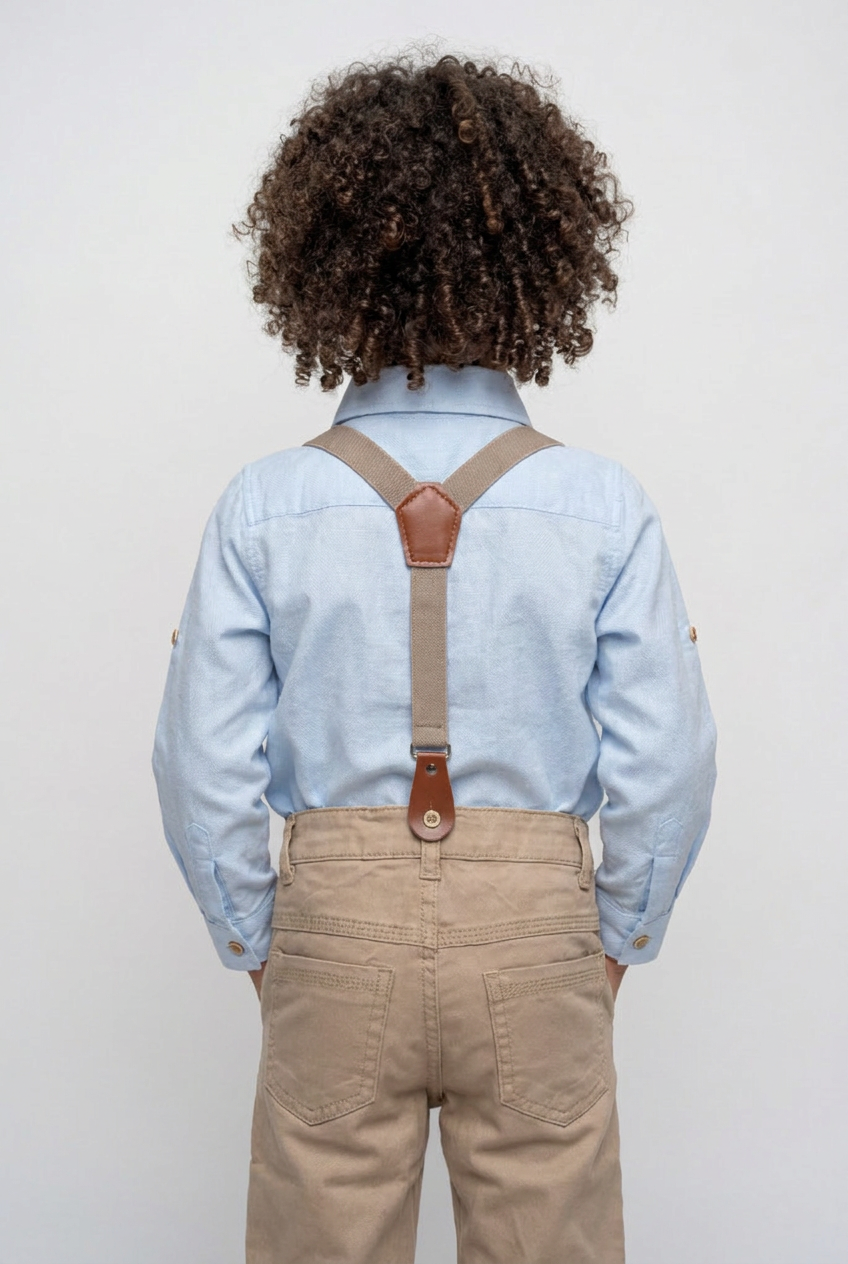 Boys 4-Piece Cotton Gentleman Outfit Set - Light Blue & Beige Model Back Picture