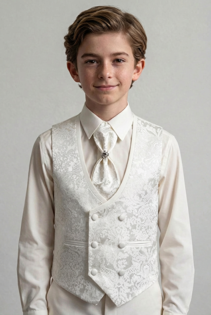 Boys 4-Piece Paisley Jacquard Waistcoat Cravat Set - Damask Ivory