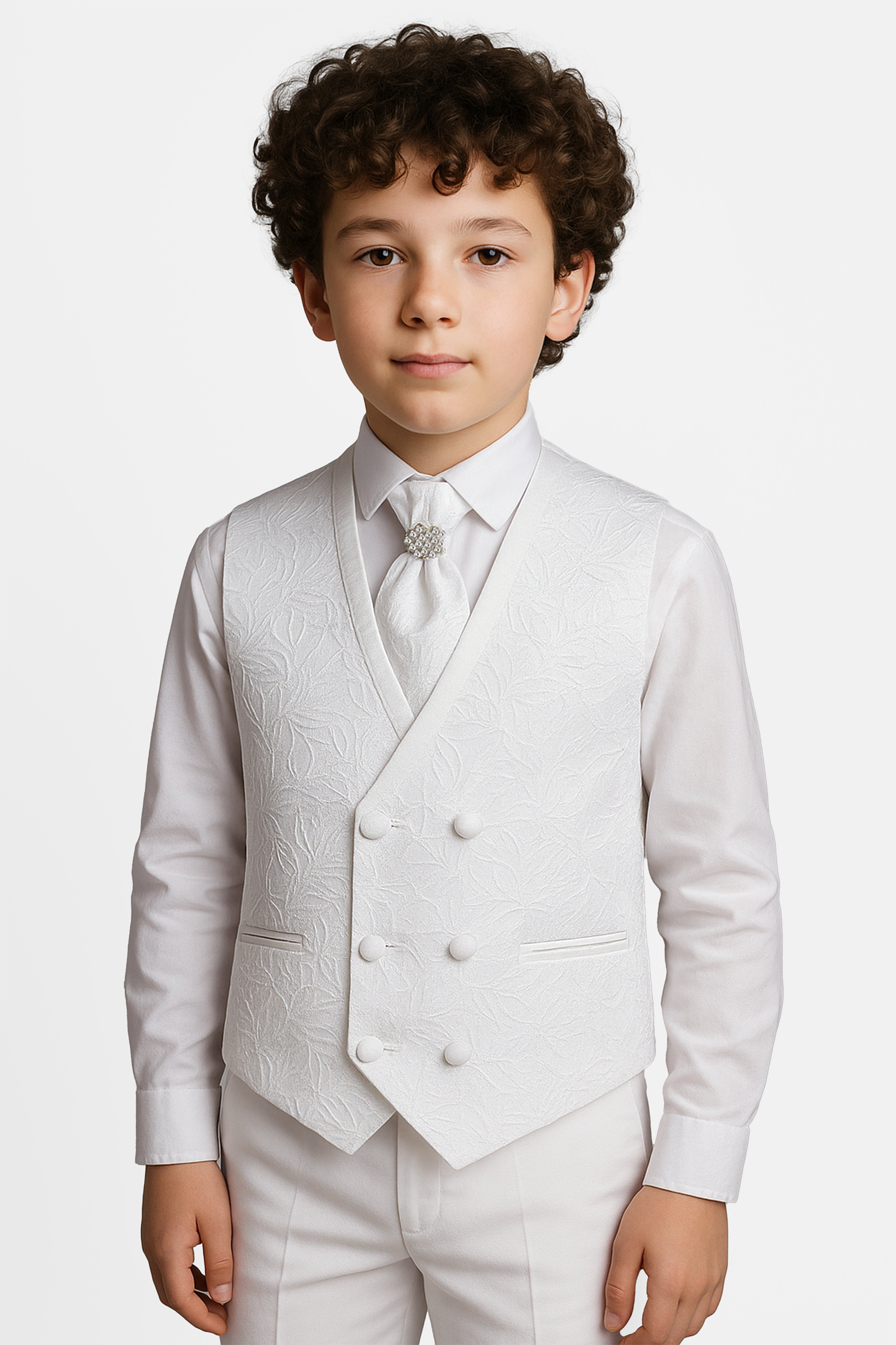 Boys 4-Piece Paisley Jacquard Waistcoat Cravat Set - White