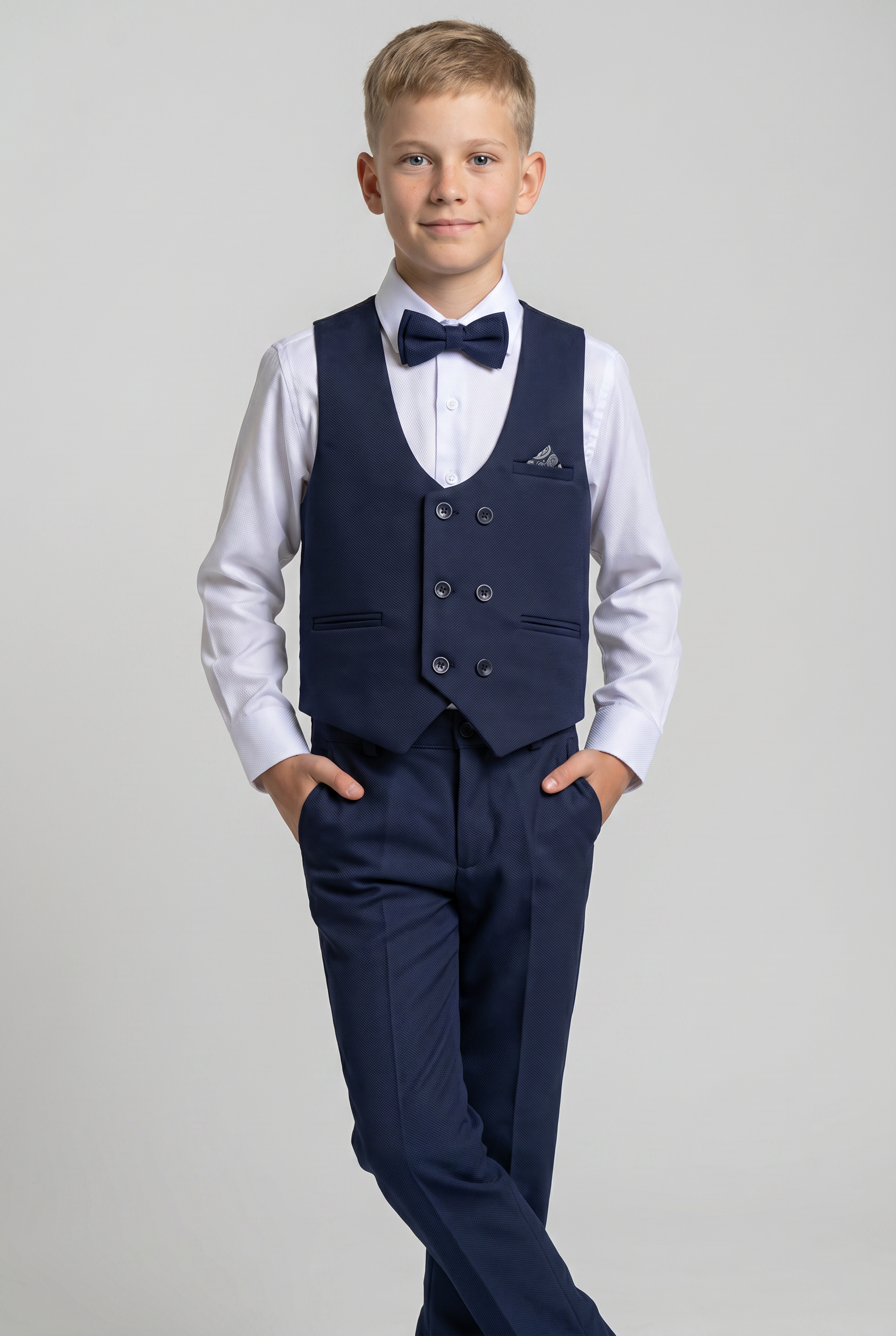 Boys 4-Piece Textured Waistcoat Suit - Navy