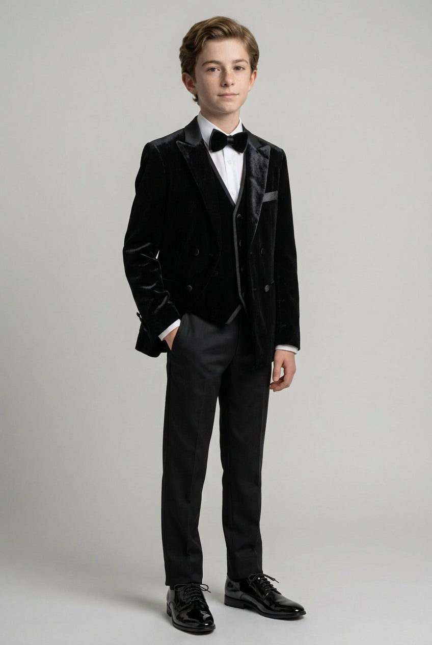 Boys 4-Piece Velvet Double Breasted Tuxedo Suit - Albert Black