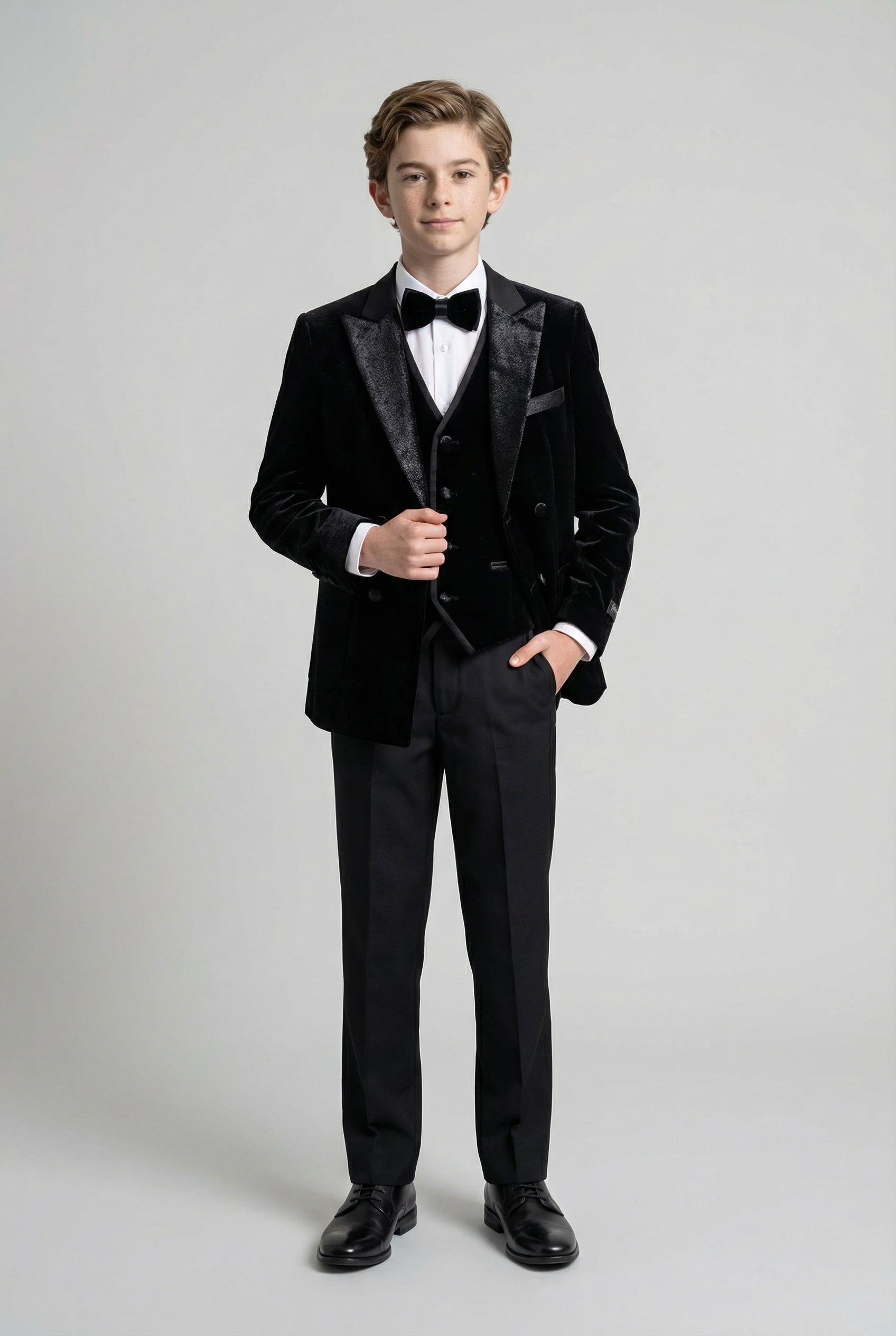 Boys 4-Piece Velvet Double Breasted Tuxedo Suit - Albert Black