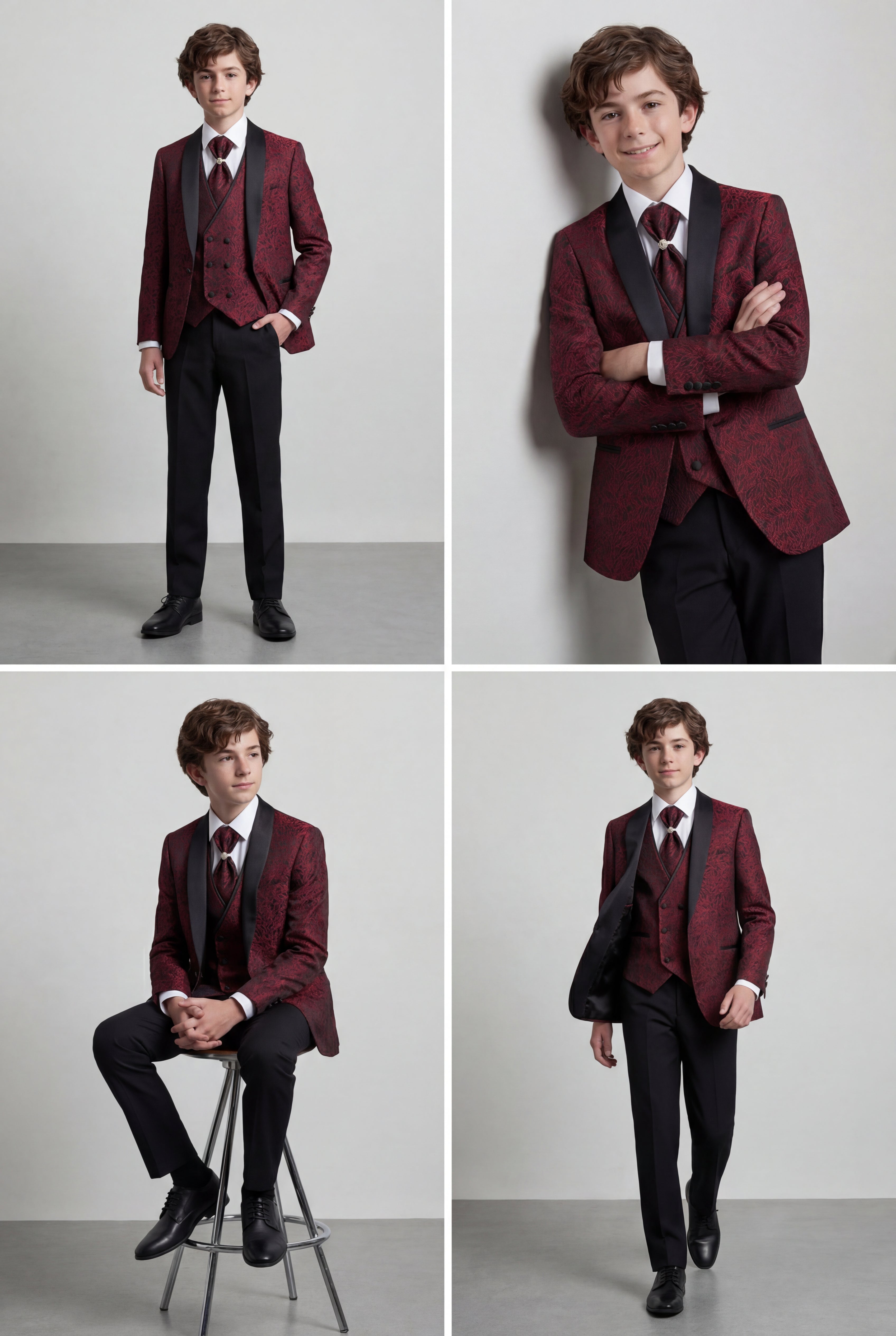 Boys 5-Piece Burgundy Jacquard Tuxedo Suit