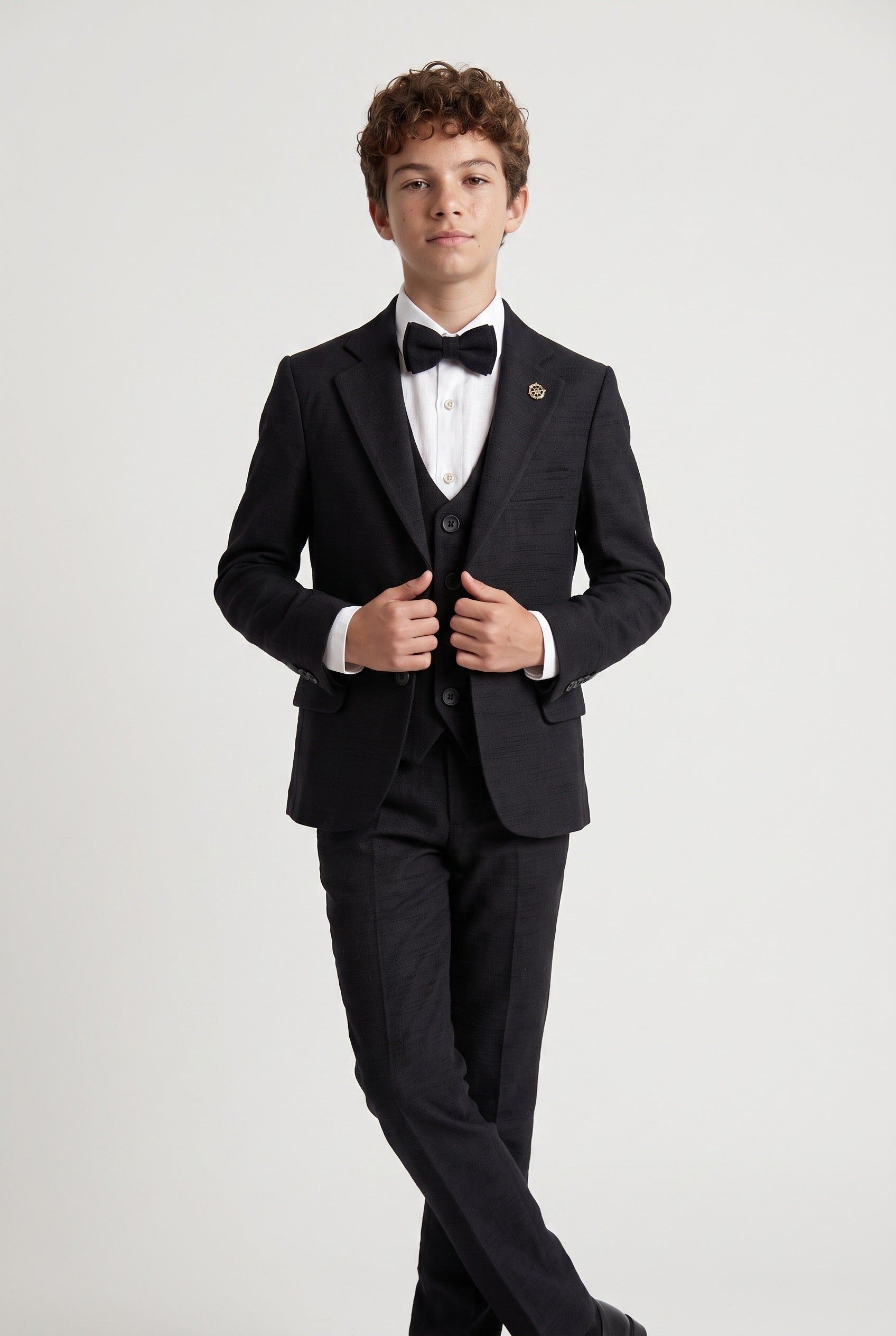 Boys 5-Piece Cotton Smart Casual Suit - Black Model Front Picture