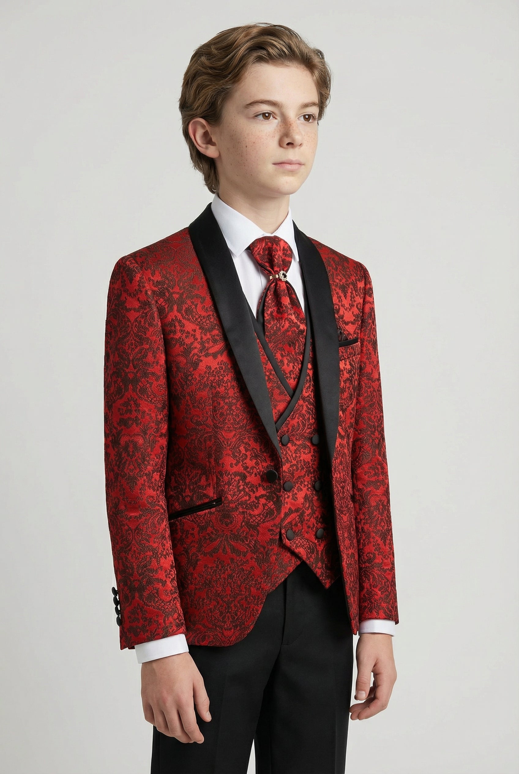 Boys 5-Piece Damask Jacquard Tuxedo Suit - Red Model Picture