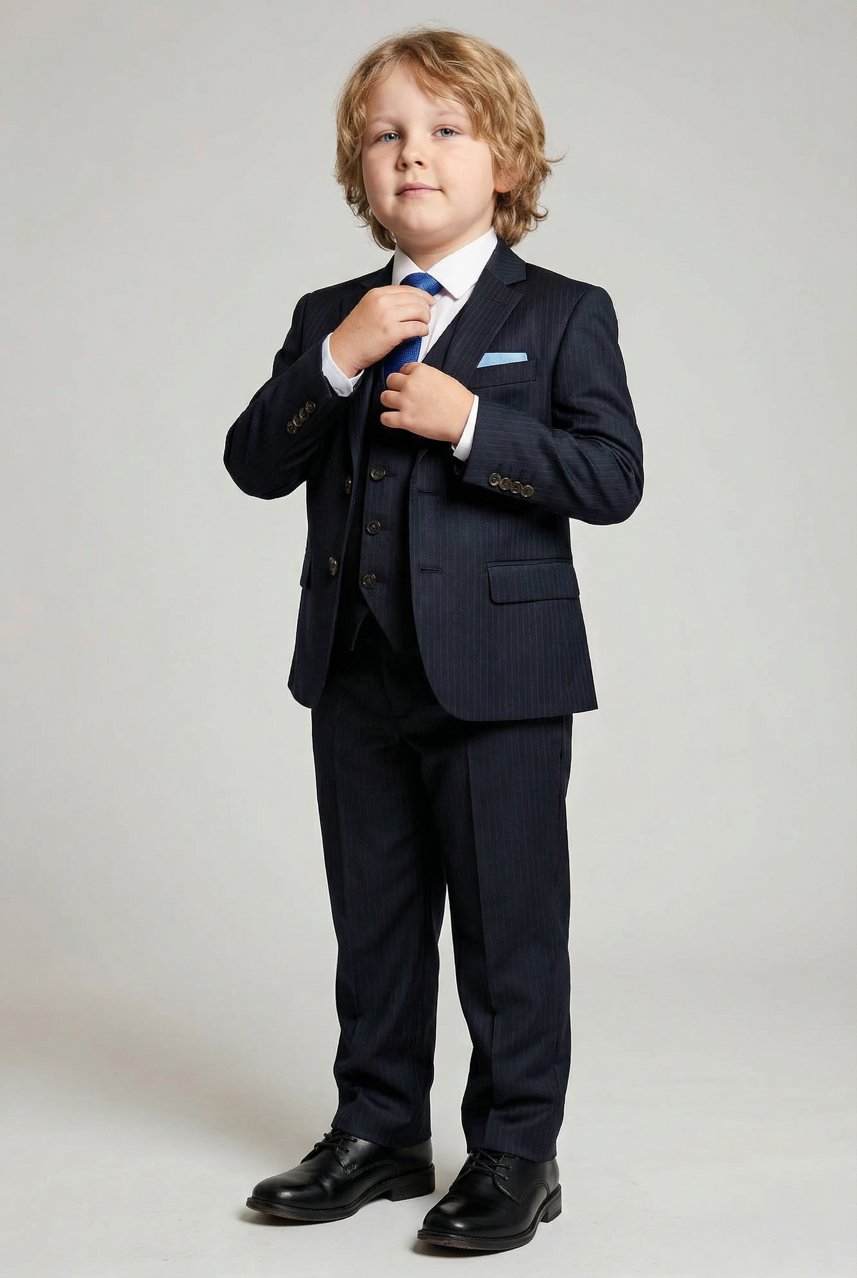 Boys 5-Piece Herringbone Pinstripe Suit - Dawson - Navy Blue Front Picture