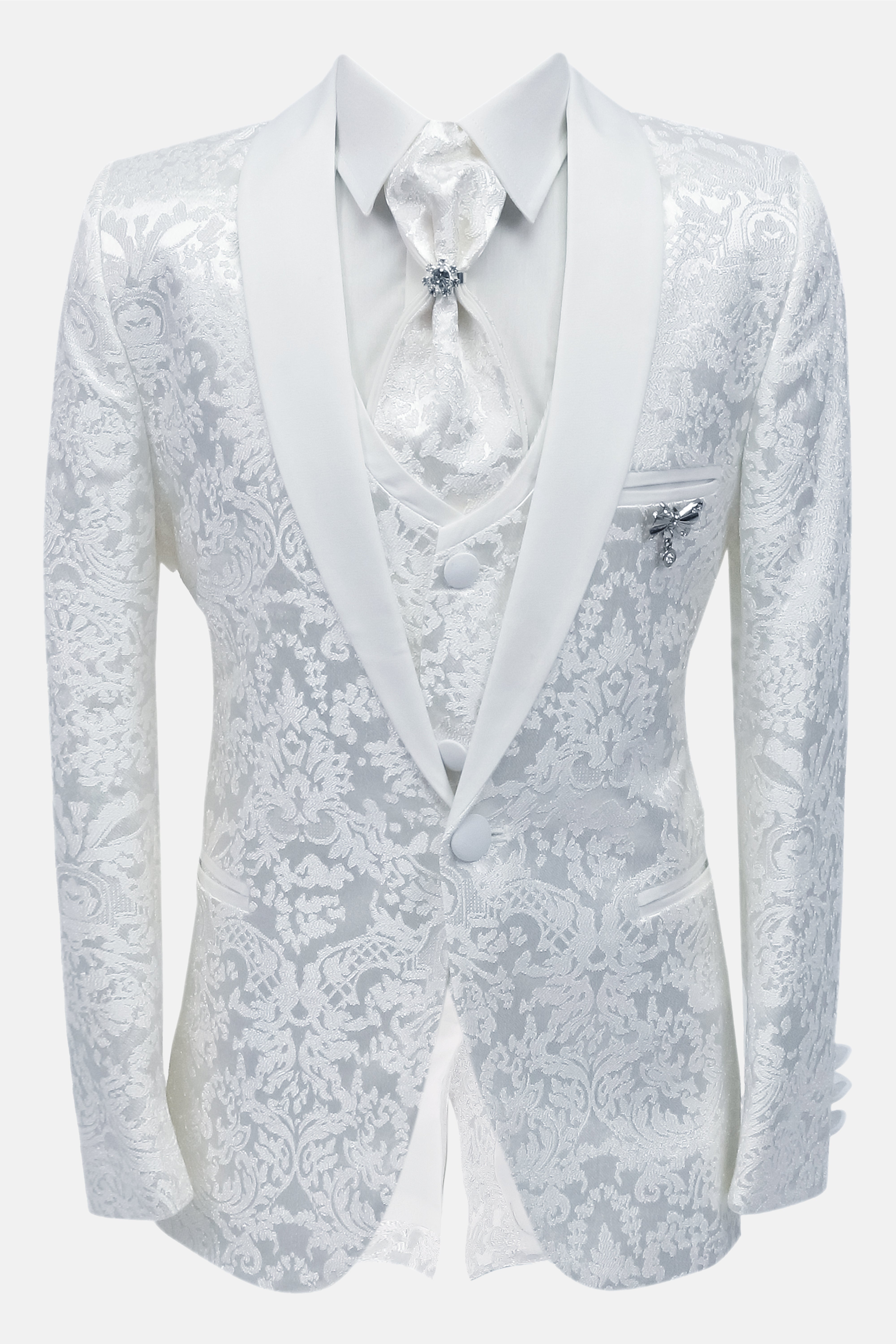Boys 5-Piece Jacquard Paisley Communion Tuxedo Suit - White Front Picture