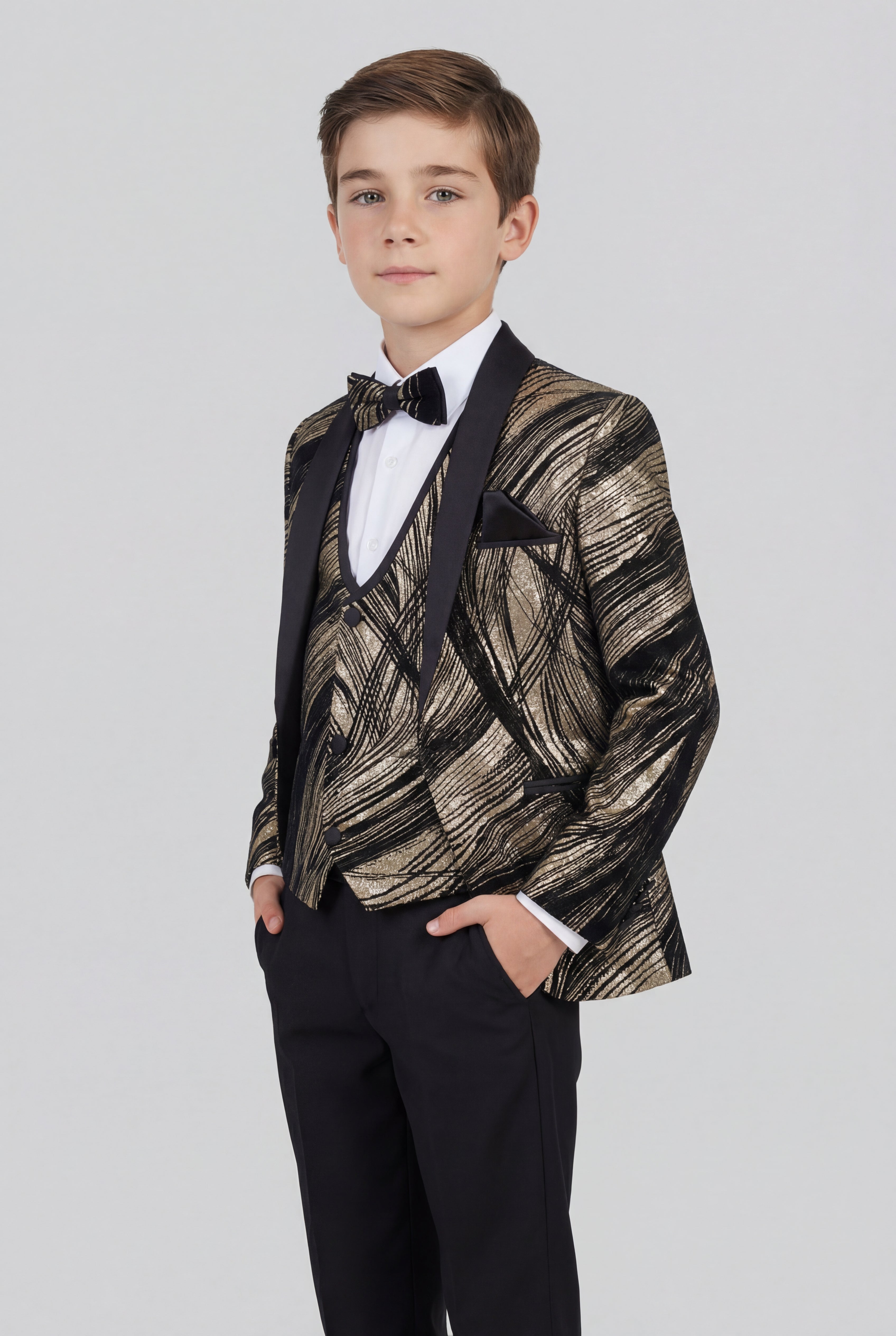Boys 5-Piece Metallic Jacquard Tuxedo Suit - Gold Side Picture