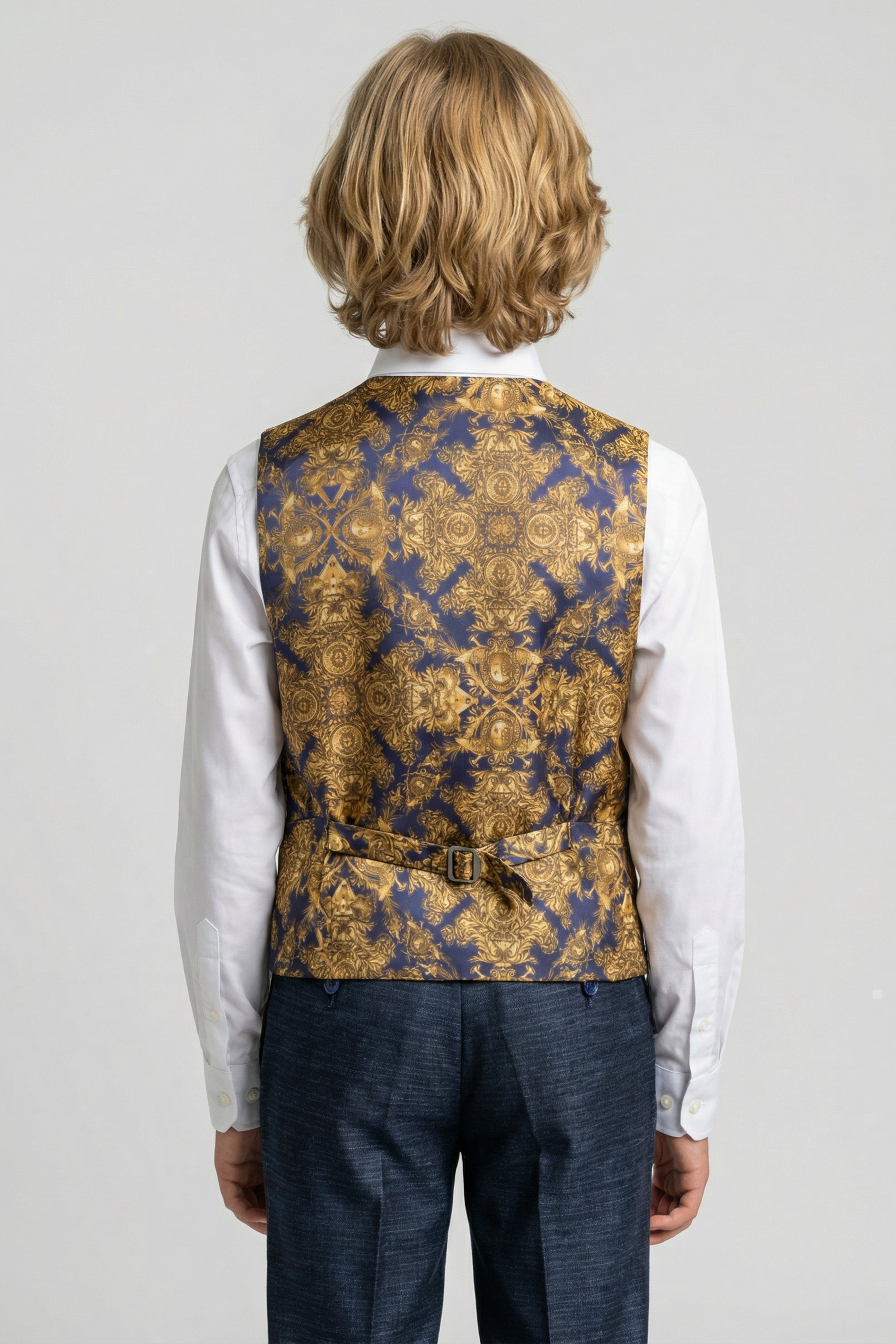 Boys 5-Piece Micro Check Twill Suit - Marcus - Grey Waistcoat Model Back Picture