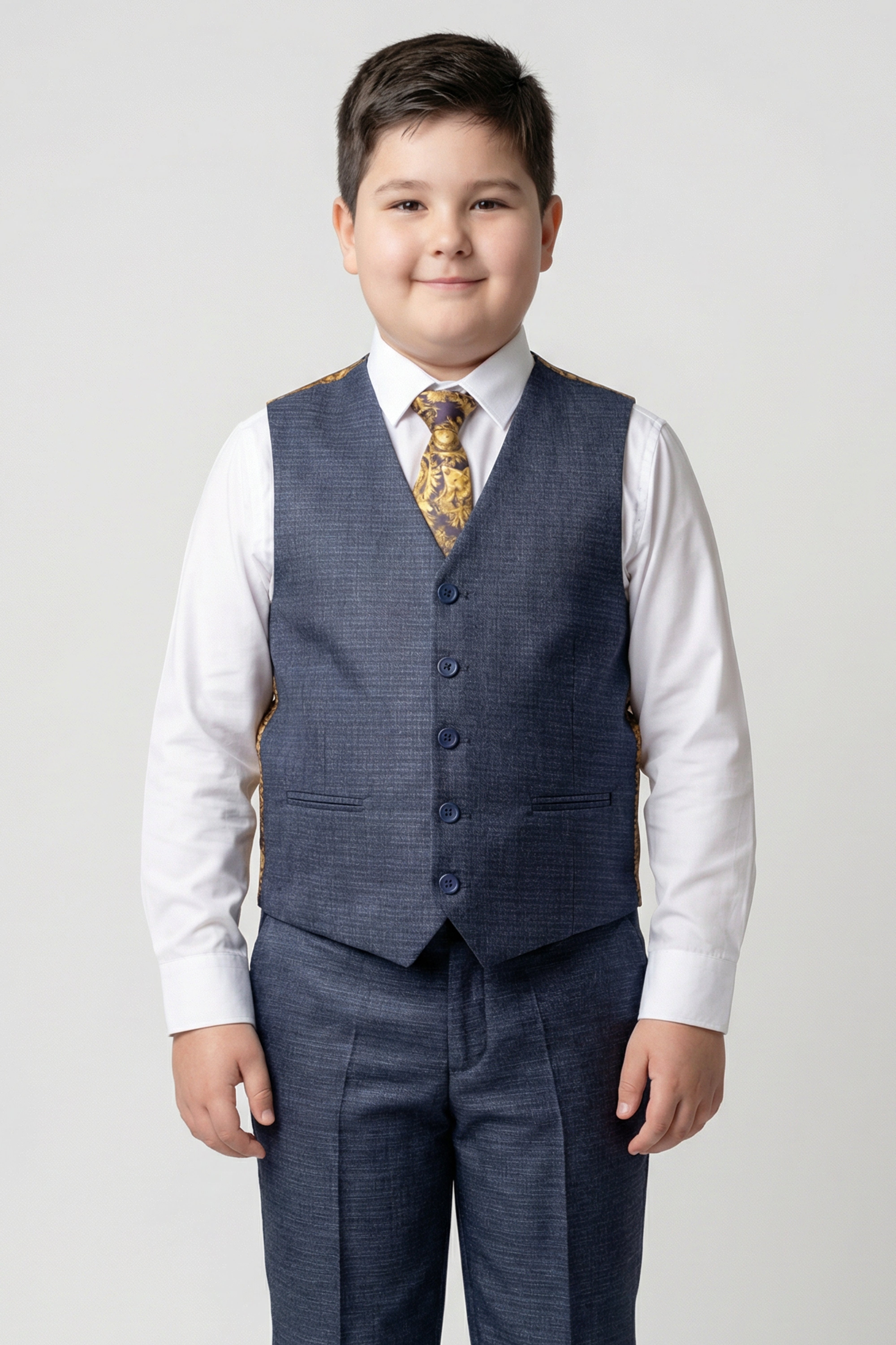 Boys 5-Piece Micro Check Twill Suit - Marcus - Grey Husky Size Model Front Picture